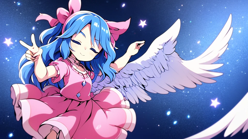 masterpiece, best quality, 1girl, , , 10 years old, medium blue hair, hair flaps, pink ribbon on head, well-formed face, blue eyes, angel girl, white blouse, puffy short sleeves, red ribbon, angel wings, long white skirt, red shoes, frills, ribbon head, from behind, to lift up one’s skirt, cowboy shot, from front, standing , raise one leg, crossed arms, arms up behind, arms behind back, hand between legs, put hands hip, one hand on hip, forward hands, arms raised in the air, punch hands, peace sign, waving, put up index finger, sit, lie down, closed eyes, lie face down, looking back, put one hand chest, leaning forward, cleavage, close up, horizontally outstretched arms, horizontally outstretched legs, front view, front face