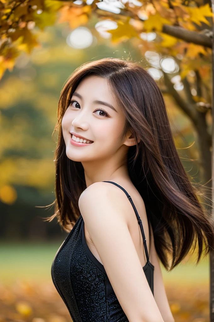 8K Super Resolution、Beauty、One Lady、Dark Brown Hair:1.1、Ultra-detailed face、Detailed lips、important、(Eyes meet)、double eyelid、Princess Eyes、 Beautiful Japanese Woman、Beautiful Japanese Woman、 Sensual lips、Bewitching body、Bust size 82、8 Life-size、Standing in a provocative pose facing forward with a well-balanced, natural body、Girlfriend in her 20s、(28 years old)、far and near method、Smiling with a nice smile、 Wearing a black one-piece dress、Hair blowing in the wind、Clear images、The sparkle of tiny eyes、Fine autumn leaves dyed red、color々Hair style、