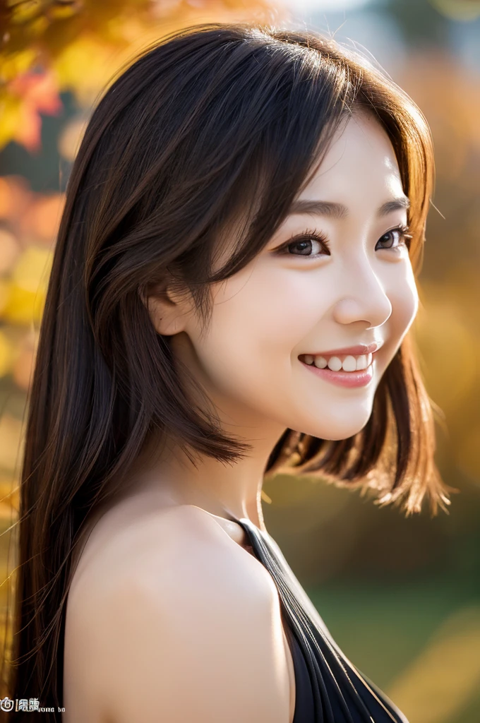 8K Super Resolution、Beauty、One Lady、Dark Brown Hair:1.1、Ultra-detailed face、Detailed lips、important、(Eyes meet)、double eyelid、Princess Eyes、 Beautiful Japanese Woman、Beautiful Japanese Woman、 Sensual lips、Bewitching body、Bust size 82、8 Life-size、Standing in a provocative pose facing forward with a well-balanced, natural body、Girlfriend in her 20s、(28 years old)、far and near method、Smiling with a nice smile、 Wearing a black one-piece dress、Hair blowing in the wind、Clear images、The sparkle of tiny eyes、Fine autumn leaves dyed red、color々Hair style、