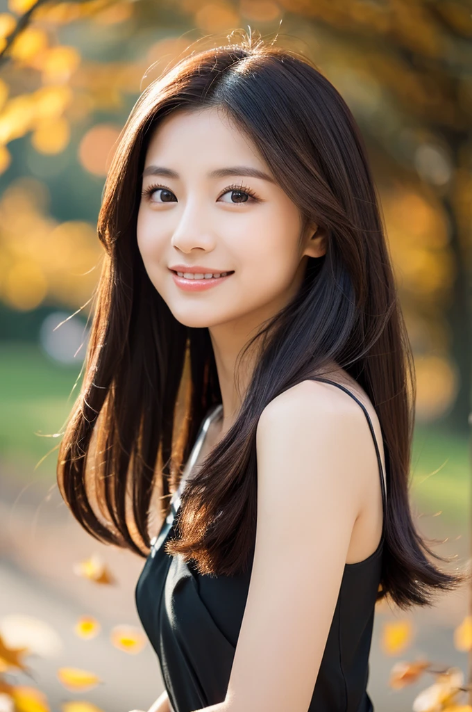 8K Super Resolution、Beauty、One Lady、Dark Brown Hair:1.1、Ultra-detailed face、Detailed lips、important、(Eyes meet)、double eyelid、Princess Eyes、 Beautiful Japanese Woman、Beautiful Japanese Woman、 Sensual lips、Bewitching body、Bust size 82、8 Life-size、Standing in a provocative pose facing forward with a well-balanced, natural body、Girlfriend in her 20s、(28 years old)、far and near method、Smiling with a nice smile、 Wearing a black one-piece dress、Hair blowing in the wind、Clear images、The sparkle of tiny eyes、Fine autumn leaves dyed red、color々Hair style、