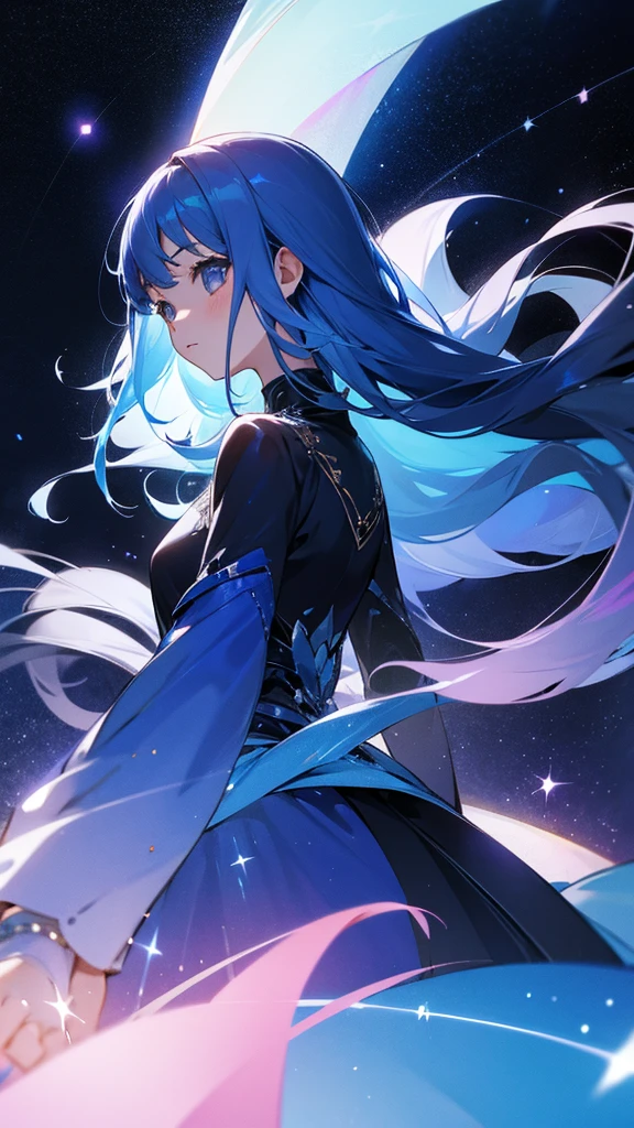 One girl、up、Facing directly ahead、The background is the night sky、Blue Hair、Long Hair、Wearing a sparkling dress