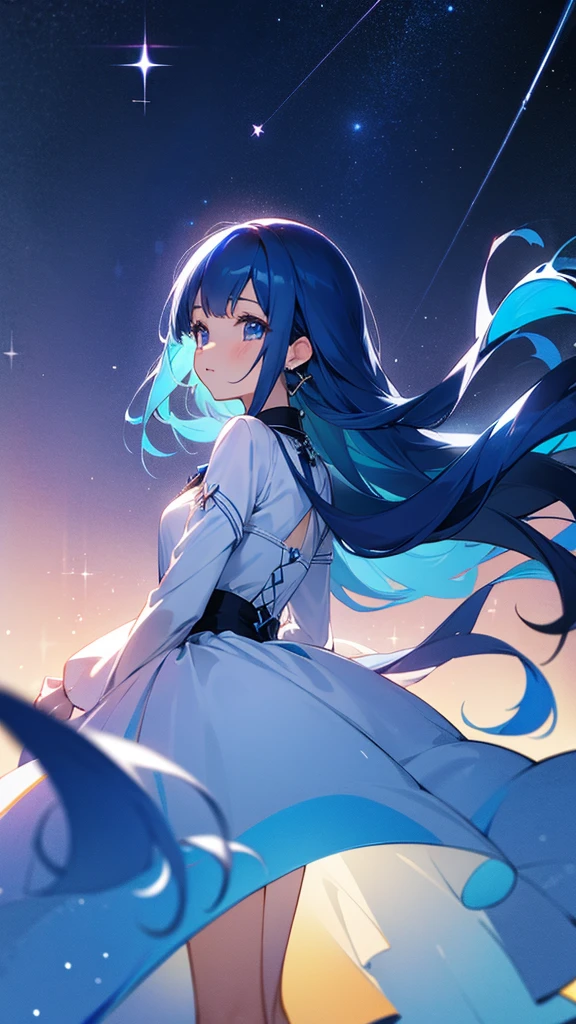 One girl、up、Facing directly ahead、The background is the night sky、Blue Hair、Long Hair、Wearing a sparkling dress