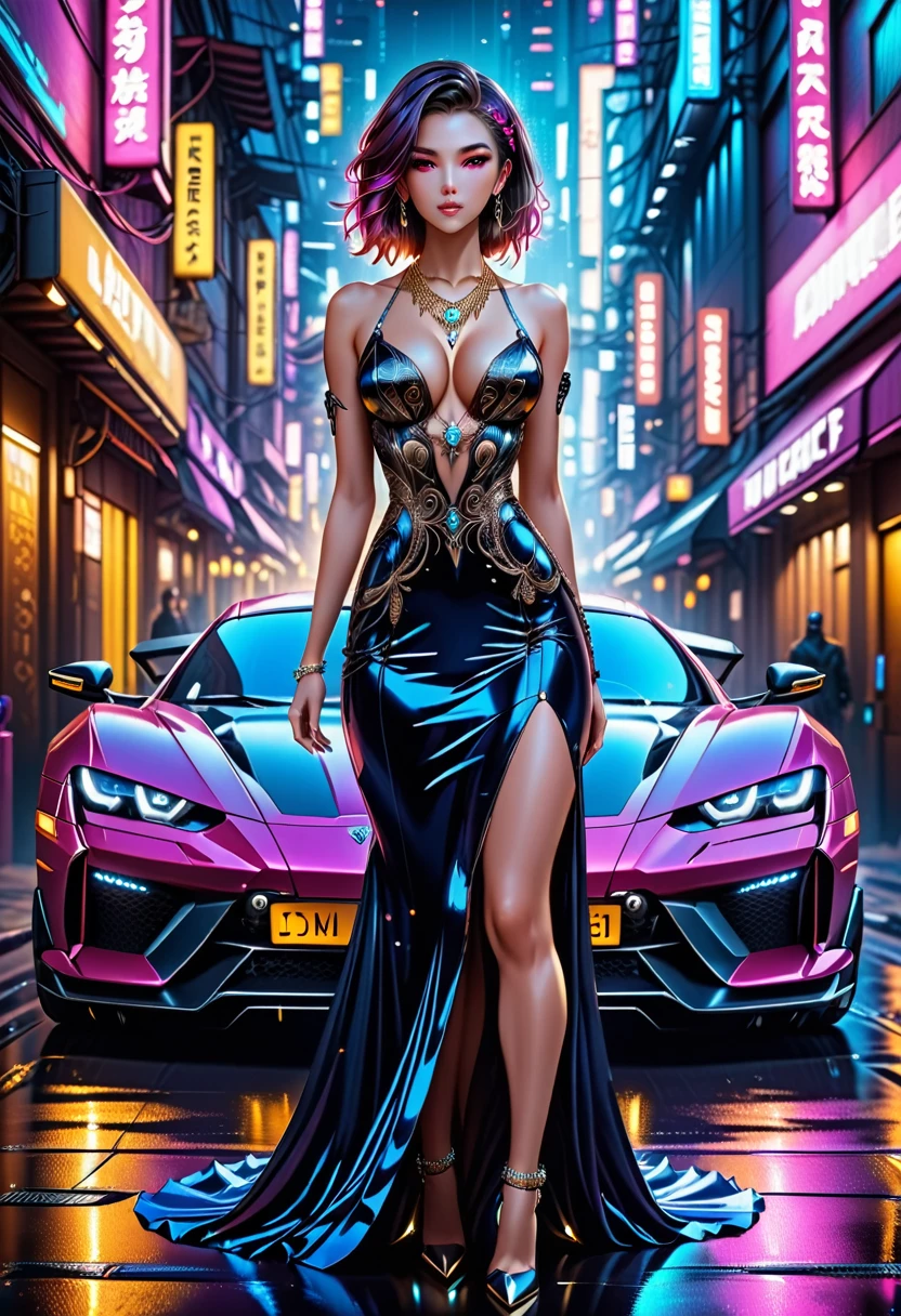 Arafed a picture of a cyberpunk female angel standing in at the street at night near her sports car, night , an  exquisite beautiful cyberpunk female angel  wearing dark dress, wearing ((intricate glamour evening dress: 1.5)), small cleavage, wearing intricate diamond necklace,  wearing high heeled bots,   dynamic eye color, dynamic hair color, dynamic hair style,  standing near her (sports car: 1.3), cyberpunk street t background, full body shot, (Masterpiece: 1.5), Vibrant, Ultra-high resolution, High Contrast, masterpiece:1.2, highest quality, Best aesthetics), best details, best quality, highres, ultra wide angle, 16k, [ultra detailed], masterpiece, best quality, (extremely detailed), Mechanical Creatures