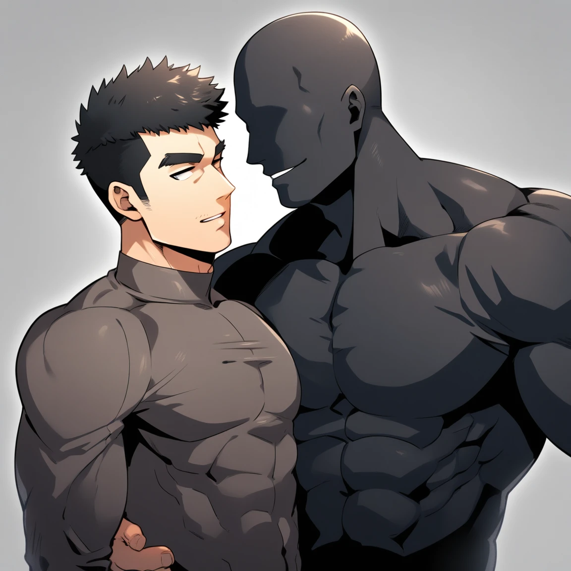 anime characters:Two superheroes in tights, Muscle Sports Student and Muscle No Face No Eyes skinhead superhero, No Face,negro black skin, They hugged and kissed each other, Bite your neck, Caress, Manliness, male focus, Dark black high collar long sleeve tight T-shirt, Slightly transparent material, Very tight, Round, full and perky chest muscles, Muscle waist, Slightly transparent, muscular male, muscular, only, Upper body, alone, Black short hair, Thick eyebrows, stubble, Grey background, simple background, amazing quality, best aesthetics, Ridiculous, bright pupils, crew cut, parted lips, seductive smile, torogao, naughty face, drop shadow, best quality
