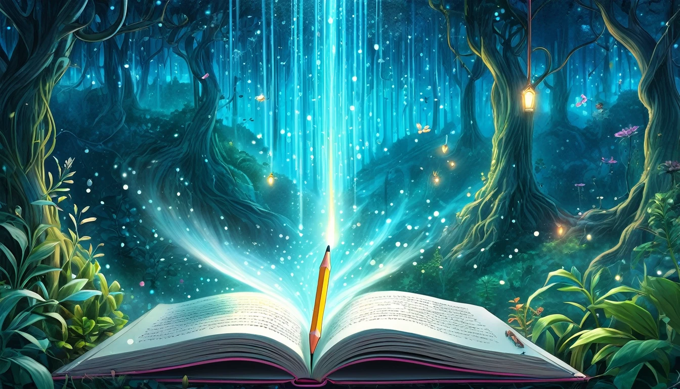 A whimsical scene where a vibrant, glowing magic pencil hovers above an enchanted sketchbook. The pencil is drawing a fantastical landscape that comes to life as it's sketched, with sparkling, luminescent creatures and magical plants emerging from the pages. The background is filled with ethereal, swirling mist and a backdrop of a mystical forest, all bathed in a soft, magical light."(Anime style)