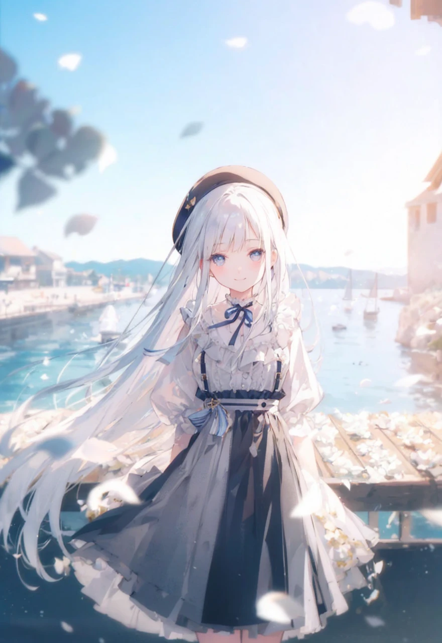Clothes with white ruffles、Navy Blue Skirt、smile、short hair、Seaside street、Under the blue sky、Back view、Look back here、Eyes with beautiful pupils、