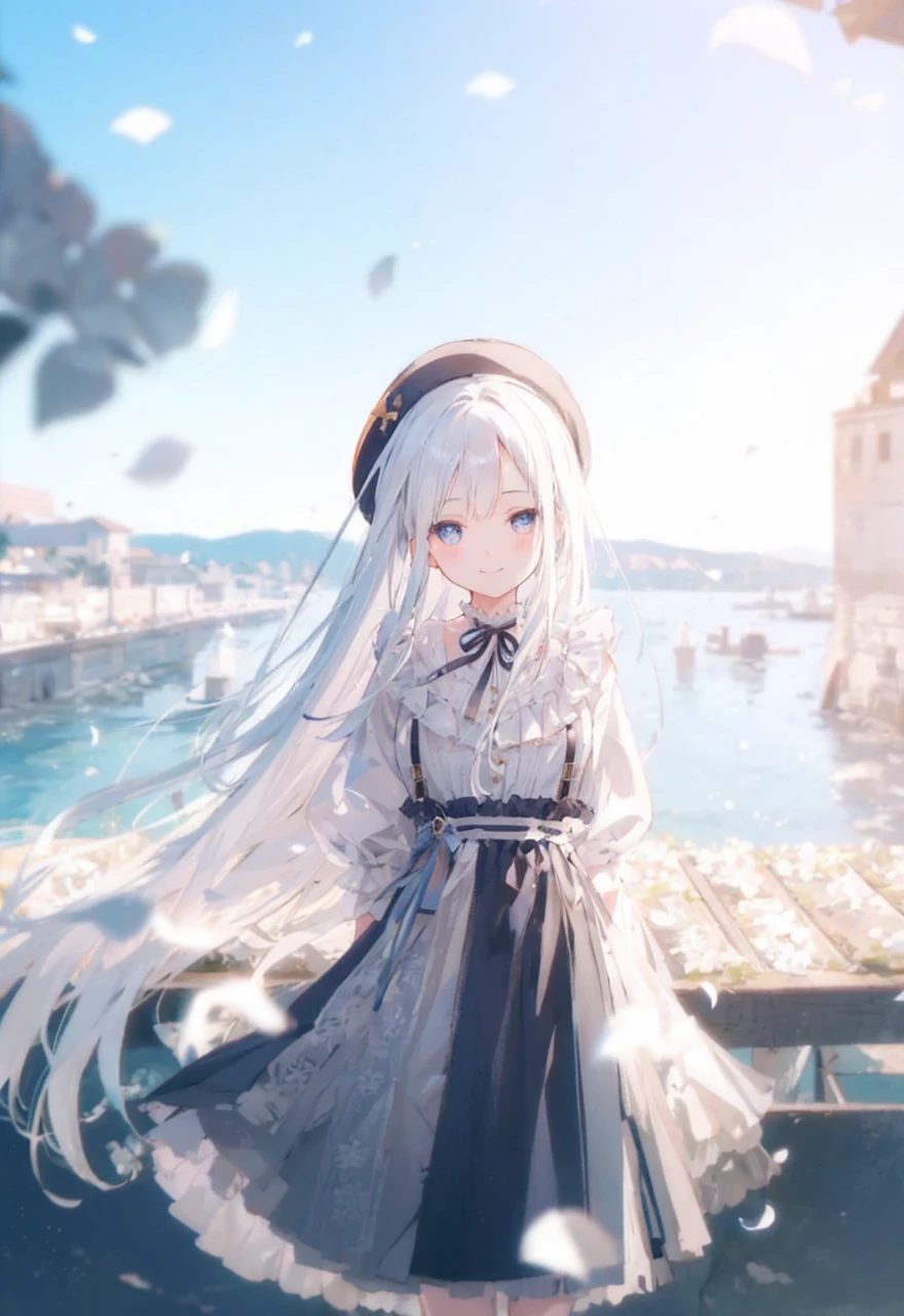 Clothes with white ruffles、Navy Blue Skirt、smile、short hair、Seaside street、Under the blue sky、Back view、Look back here、Eyes with beautiful pupils、