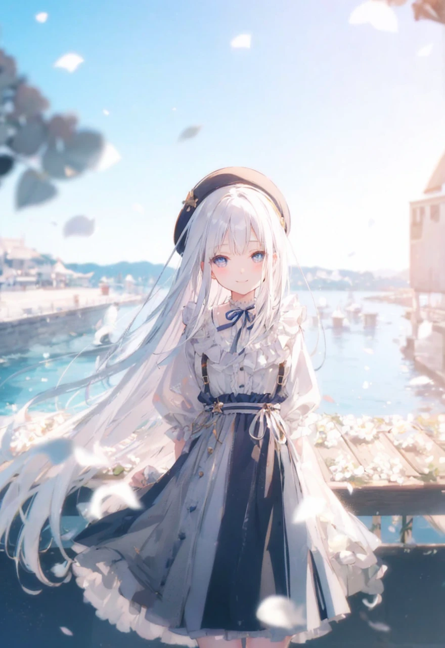 Clothes with white ruffles、Navy Blue Skirt、smile、short hair、Seaside street、Under the blue sky、Back view、Look back here、Eyes with beautiful pupils、