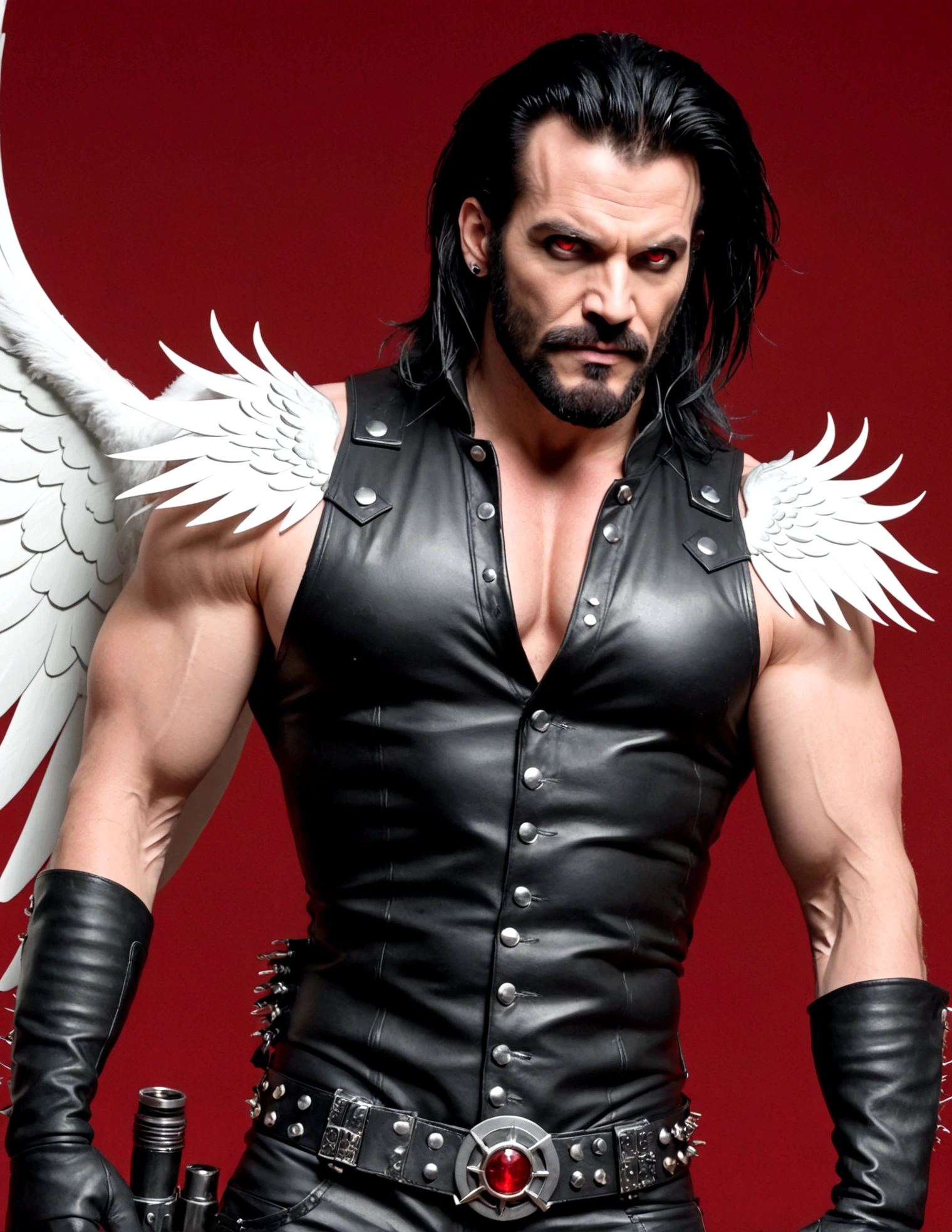 DC comics Lobo (pale white skin, deep red eyes, pitch black mullet and scraggly beard, powerfully muscled, leather space biker outfit with a lot of metal stud trim, huge gun) is wearing angel wings to infiltrate a Christmas play. A bunch of lovely women in angel outfits are trying to avoid Lobo on the stage.
