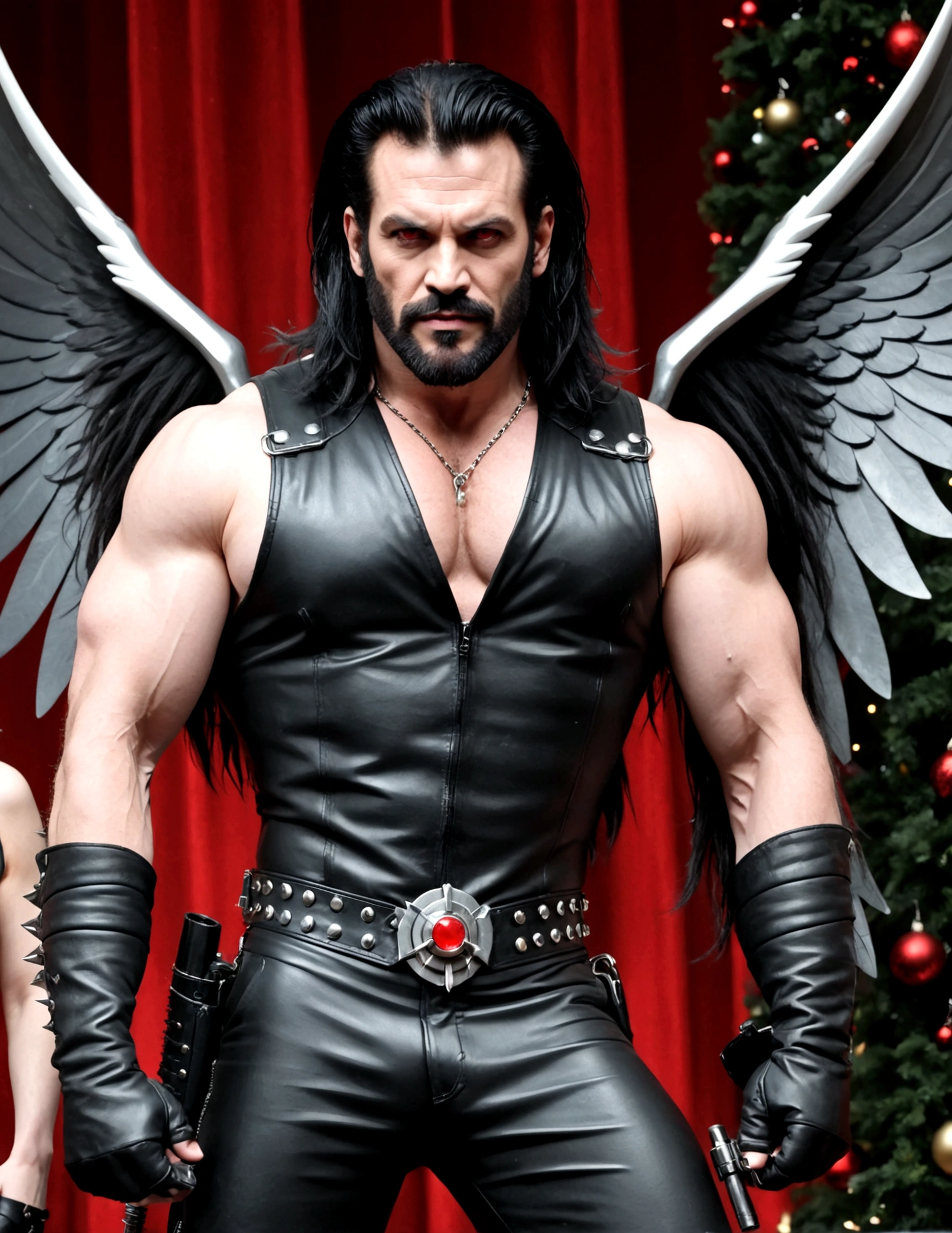 DC comics Lobo (pale white skin, deep red eyes, pitch black mullet and scraggly beard, powerfully muscled, leather space biker outfit with a lot of metal stud trim, huge gun) is wearing angel wings to infiltrate a Christmas play. A bunch of lovely women in angel outfits are trying to avoid Lobo on the stage.
