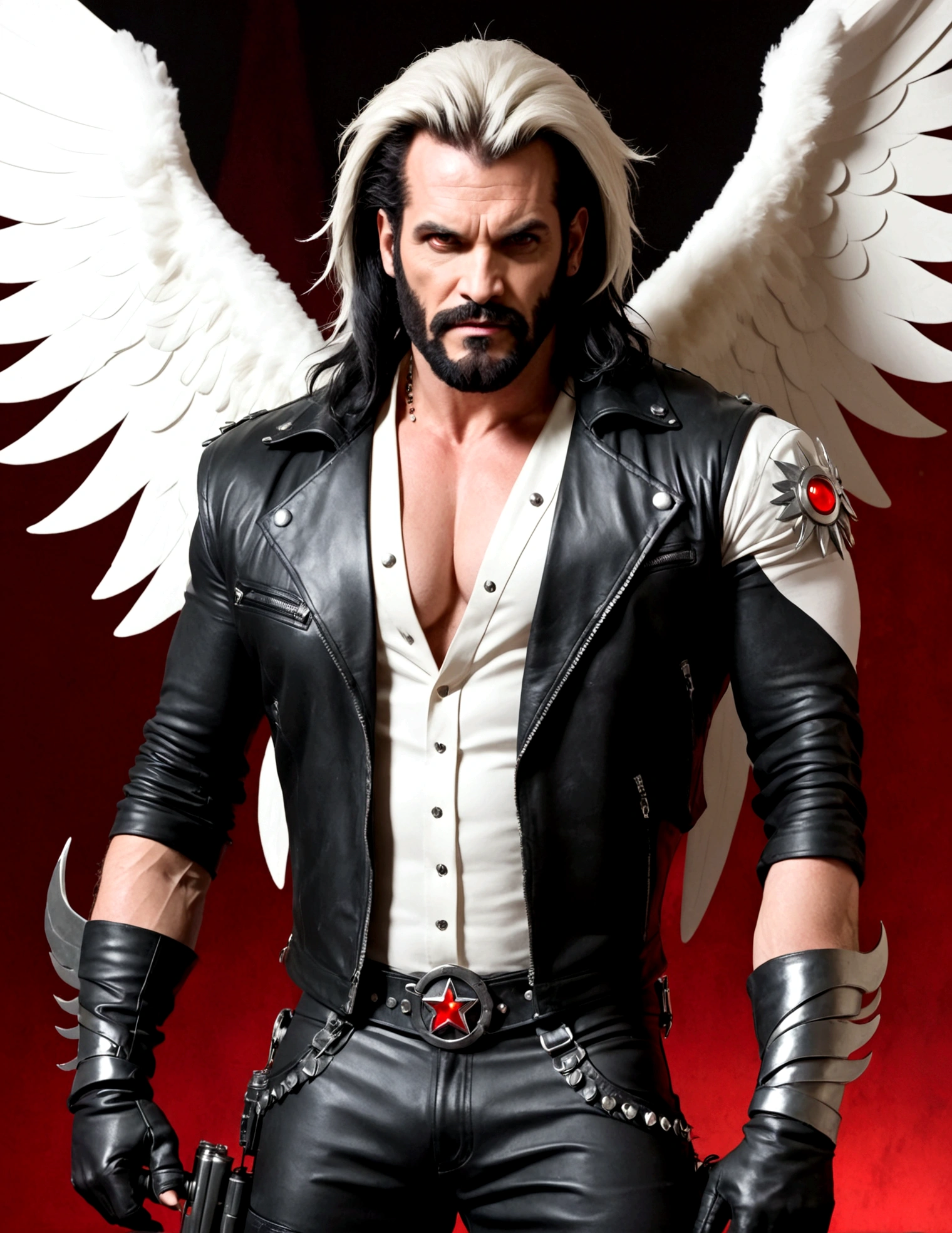 DC comics Lobo (pale white skin, deep red eyes, pitch black mullet and scraggly beard, powerfully muscled, leather space biker outfit with a lot of metal stud trim, huge gun) is wearing angel wings to infiltrate a Christmas play. A bunch of lovely women in angel outfits are trying to avoid Lobo on the stage.