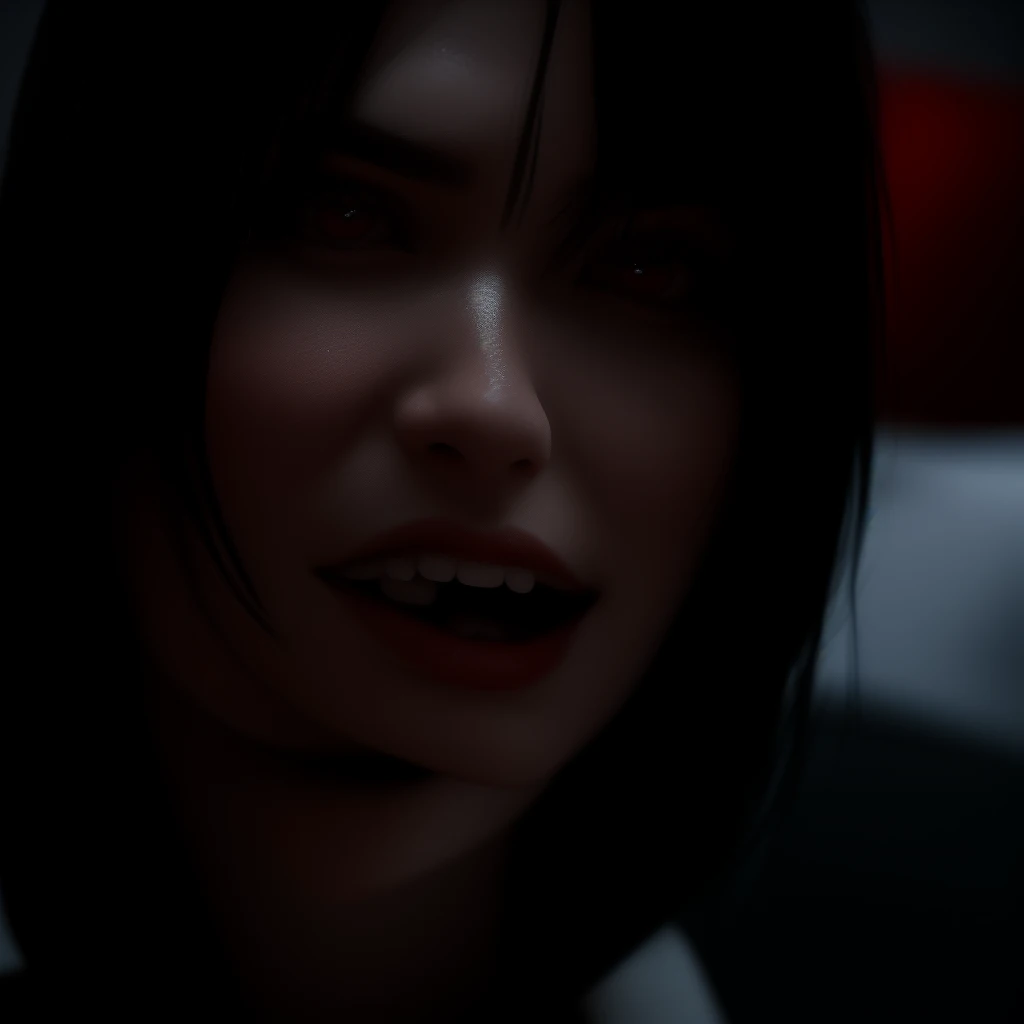 Black hair, sinister face, seductive, zoom to face, red eyes, one people, in room, sexy, natural face, vampire teeth