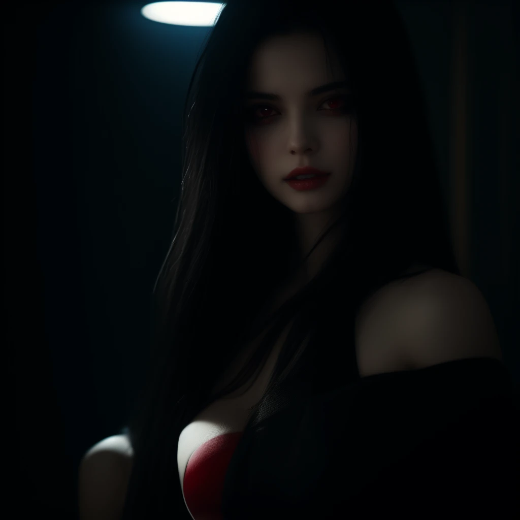 Black hair, sinister face, seductive, zoom to face, red eyes, one people, in room, sexy, natural face, vampire teeth