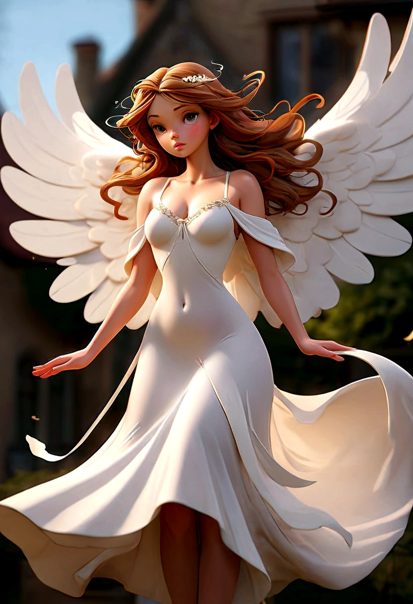 Big Breasts Angel, Wearing a gorgeous dress that covers the whole body, Floating in the air, angel wings, outdoor