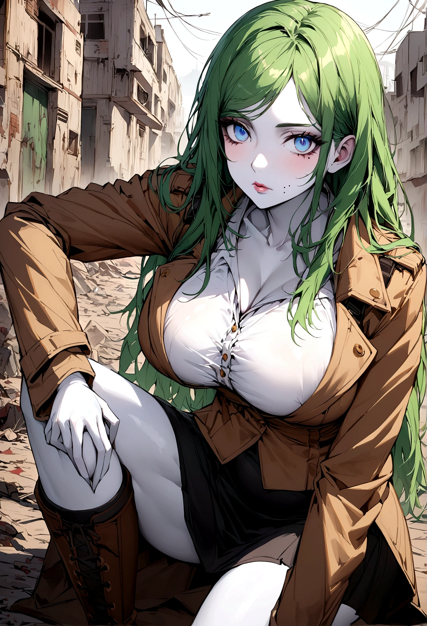 Girl with long green hair down to her knees, light blue eyes, White skin, small mole on your right cheekbone, , thin waist, big hips, white blouse, brown jacket, black skirt , military style boots, survivor in a zombie apocalypse.