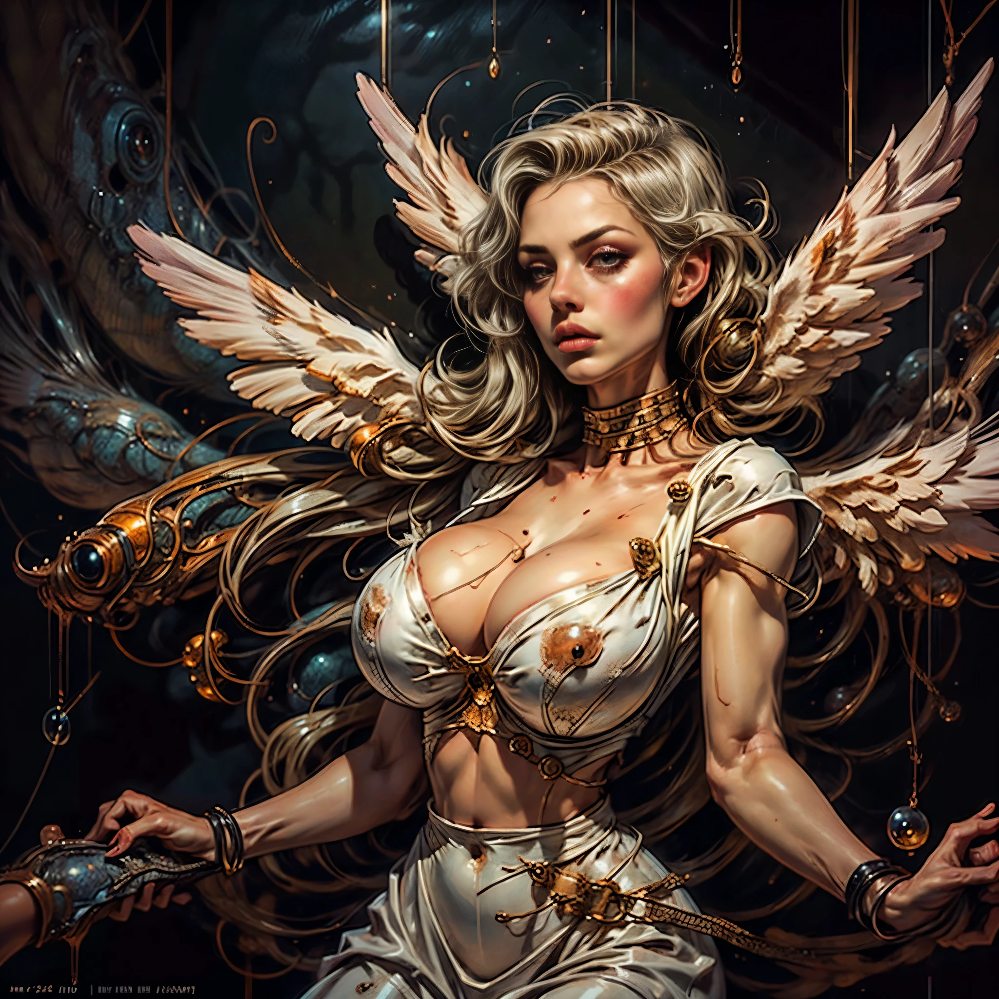 ( bust image: 1.7), (Angel, Very beautiful angel, Beautiful girl with big white wings: 2.0), Ideal proportions, Six pack abs, Toned muscular body, Sensual and attractive flowing silver hair, Floating in the morning sun, Surreal, Grotesque, Highly detailed, Very realistic, Beautiful and exquisite, Beautiful and delicate lips, Highly detailed, Long eyelashes, Ancient mystical being, Mystery of the universe, Surreal, Fantasy, Attractive pose, Erotic, Sensual, Erotic, Provocative, Provocative, Intimate, Attractive, Sensual, Glossy skin, Perfect skin, Perfect body, Elegant, Elegant, Feminine, Charming, Alluring, Charming, Impressive, Amazing, Breathtakingly beautiful, Cinematic lighting, Dramatic lighting, Chiaroscuro lighting, High end digital art, Masterpiece, Concept art, Highly detailed, Highly detailed, 8k, Top quality, Surreal, Realistic, EdobHorrorLandscape