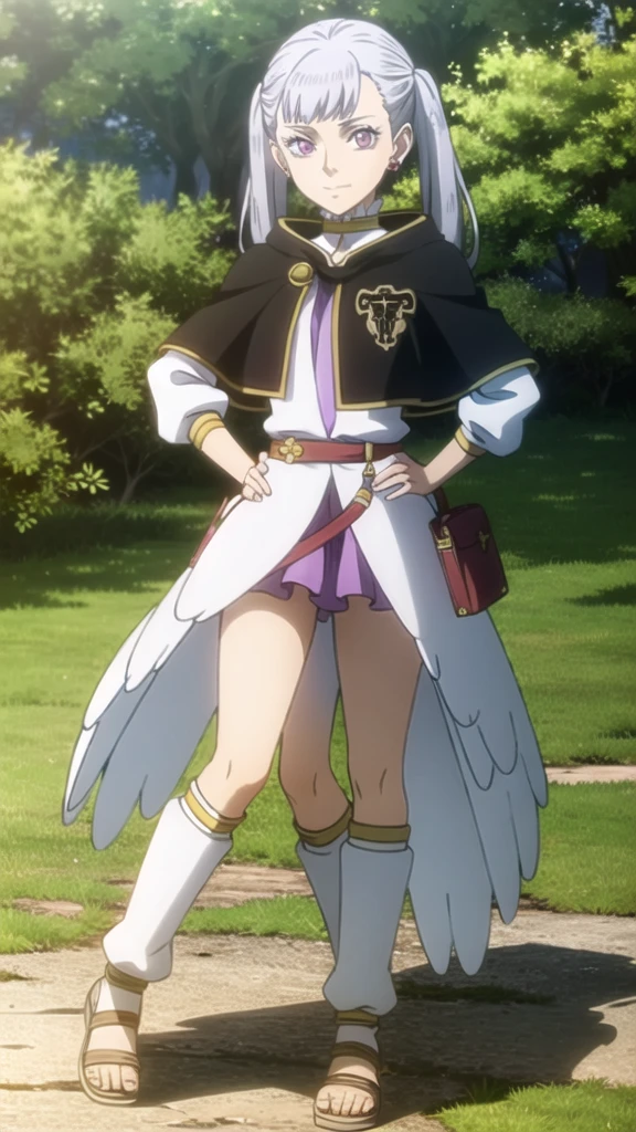 Noelle_BlackClover, 1girl, solo, earrings, twintails, jewelry, hand on hip, purple eyes, capelet, sandals, looking at viewer, outdoors, garden, bag, full body, standing, choker, grey hair, skirt, dress, long sleeves, long hair, closed mouth, belt, wings,  
