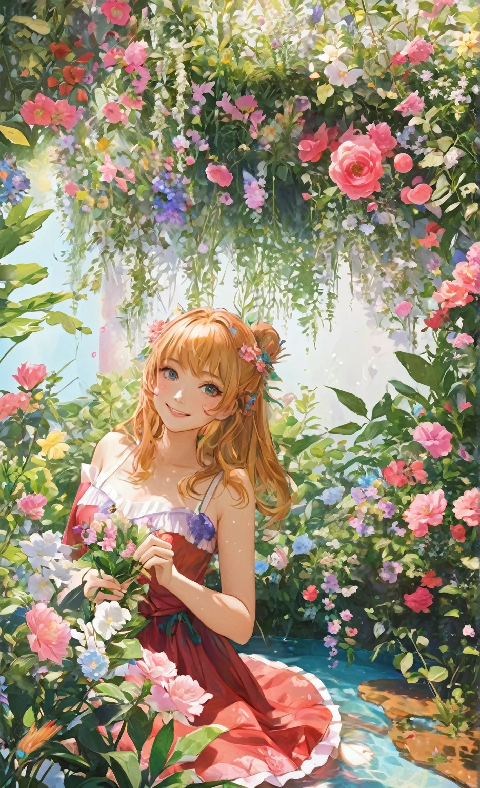 anime smiling girl sitting in a garden with flowers and a blue pool, 🌺 cgsociety, beautiful anime portrait, official artwork, portrait of asuka langley soryu, beautiful anime art style, beautiful anime art, kawaii realistic portrait, beautiful anime girl, beautiful anime style, , beautiful anime artwork, beautiful anime, guweiz on pixiv artstation, rin