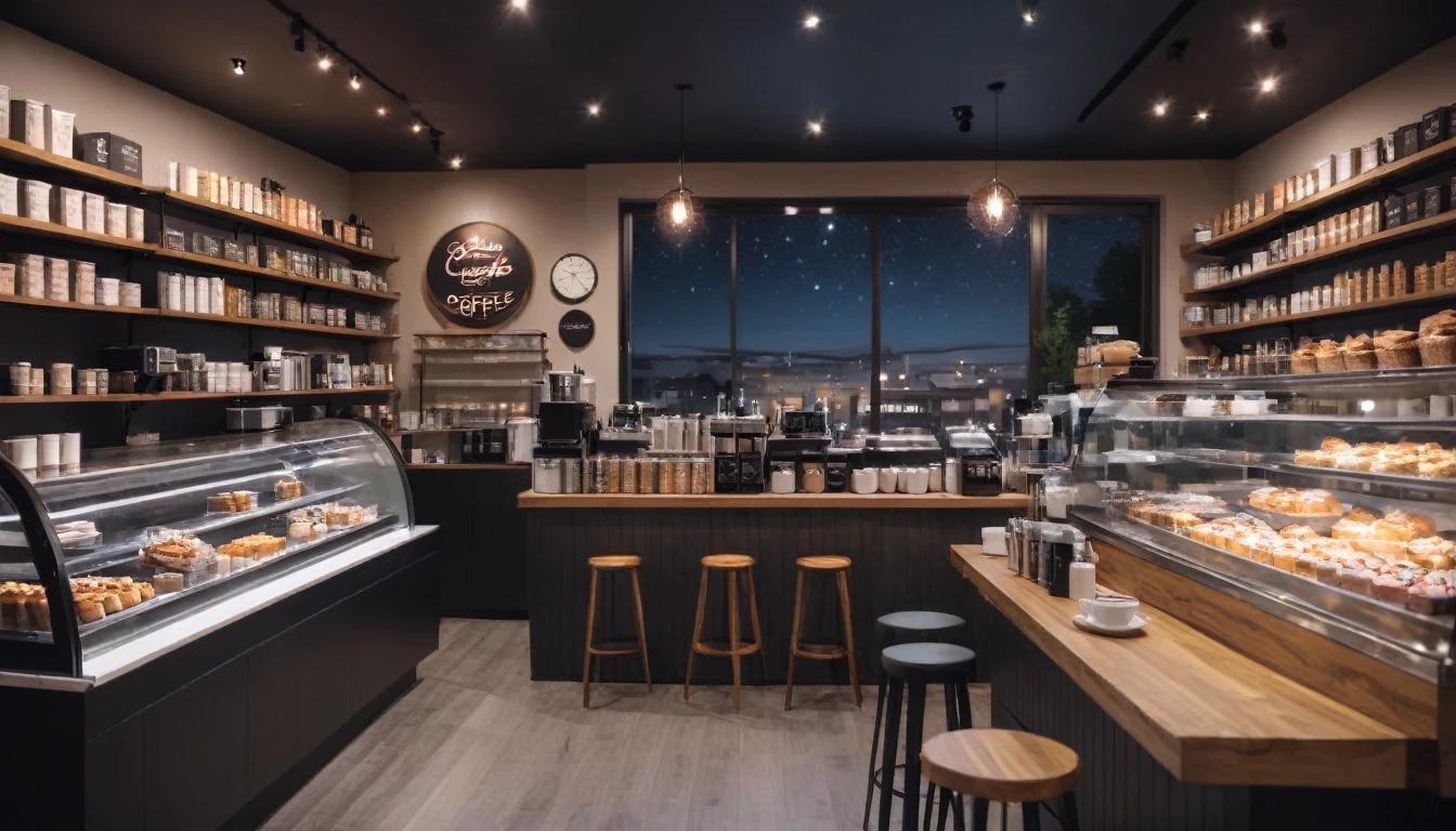 at night, frontal shot coffee shop interior, tables with coffee cups, sweets in the shelves, and a big window in the center