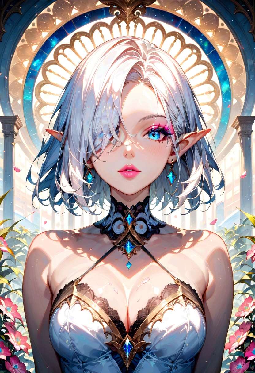 score_9, score_8_up, score_7_up, score_6_up, (masterpiece, top quality, best quality, official art, beautiful and aesthetic:1.2), (elf), (1girl), Bob cut hair, parted bangs, (hair over one eye), white hair, lips, eyelashes, makeup, blue eyes, eyeshadow, pink eyeshadow, pink lips, extreme detailed,(fractal art:1.3),colorful,highest detailed, art by Artgerm, by wadim kashin, by Kawacy, by Yusuke Murataful soap bubbles))),(((Maid Fashion))),(((Two people)))