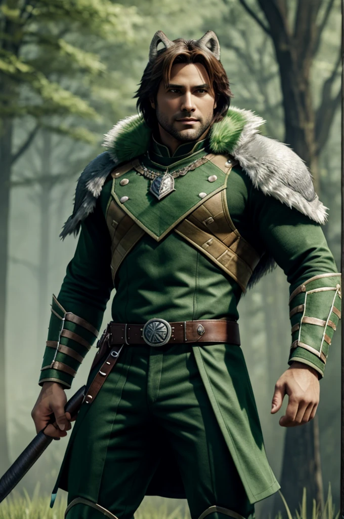 Wolf king, spring, green pride color outfit, hunk, male, 30s