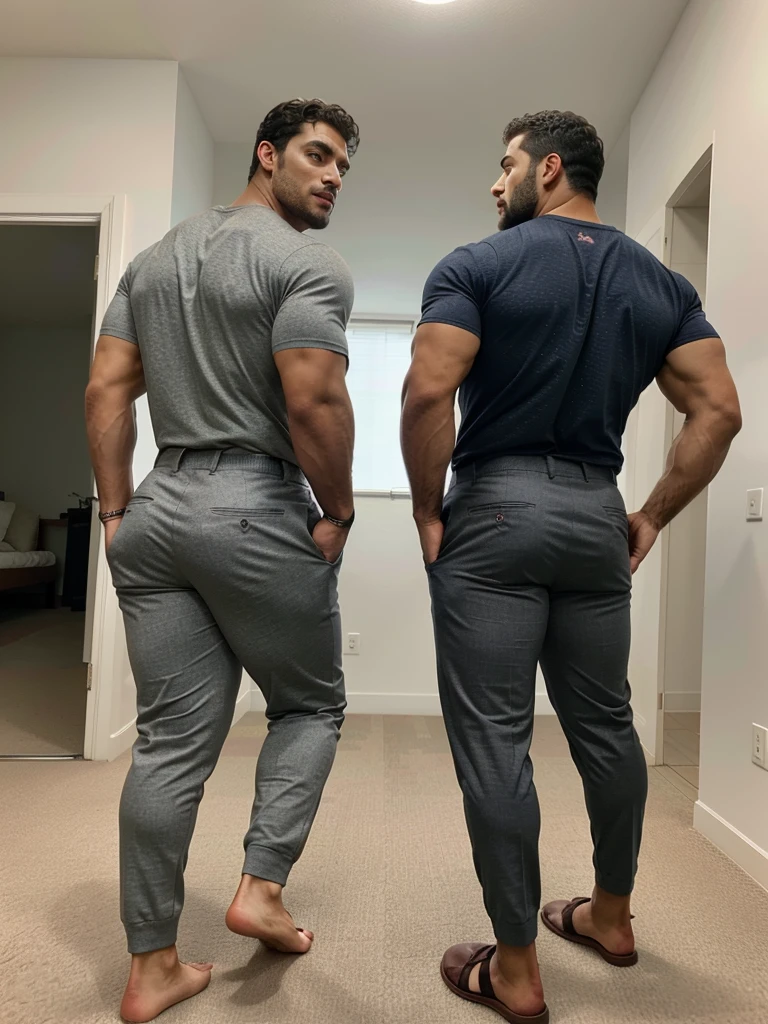 A Hispanic man with a face that looks like Henry Cavill. black man, His body is muscular and he has a toothed beard.. Big Butt, in a moment of reflection. full body. Fajada shirt, semi formal clothing, grey pants, backside.