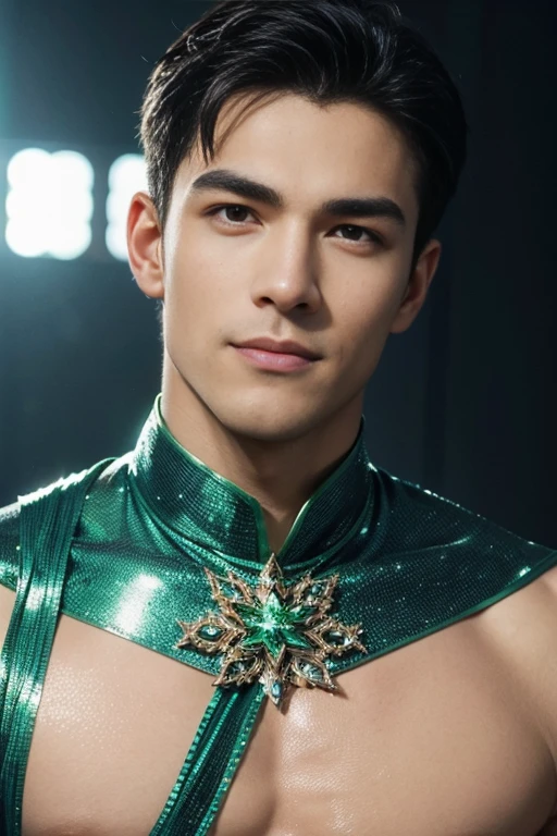 3d, HDR quarter body photorealistic ultra realism high definition aesthetic stabilized diffusion picture of handsome hunky fractal clean shaven King of Clovers, in emerald green transparent sparkling shiny crystal glass chrome outfit,,look at camera, detailed facial parts,, studio as background, Freestyle Pose, Happy Expression, perfect anatomy, symmetric body,, 18 years old, high detail, a lean athletic body, realistic, human skin, extremely detailed fingers,  chad chin,, masculine, human skin, (eyes contact), gorgeous, Attractiveness 