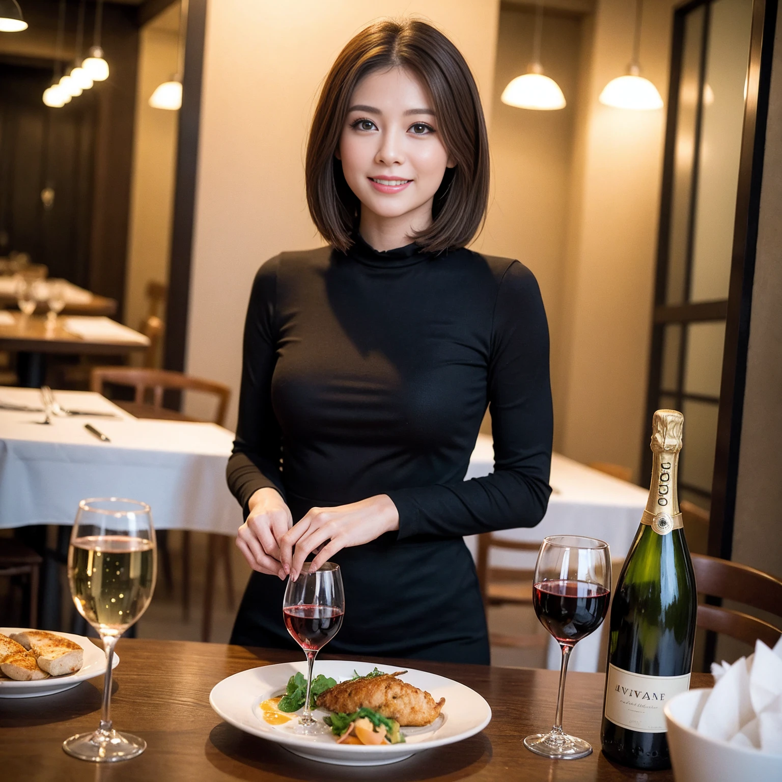 ((Highest quality、8K、masterpiece:1.3))、slimカップル、Pink rubber、modelカップル、(Realistic, Intricate details:1.2), full-course dinner、Wine Party、Amazing view of the sunset sky and clouds、A bright smile、The wonderfulness of smile、Bright image、The beauty of wine, Beautiful Face, blue eyes, The light shines on your face, Blushing, short hair,Bright Face、 (Age 37), 39 years old, red wine 、Appetizers、Italian food、Wine bottle、Champagne、sparkling wine、Two beauties、Brown Hair、Shortcuts、Long sleeve shirt、dress、Beautiful woman 1, (slimな顔), (The body is slim), (Brown Hair), (Shortcuts), cheeks turn a little red,Attractive beauty、restaurant, In a prominent place (From the waist up) Nova Frog Style, actress, model, Upper Body, White wine, slim, wine glass, 中央に置かれたwine glass, smile, (smile: 1.15), Beautiful fine grain, Depth f/2,saturation, High Contrast, Strong light and shadow,Moist Body:1.5、3D texture、Delicate eyes、Brown Hair、The hair is very shiny、