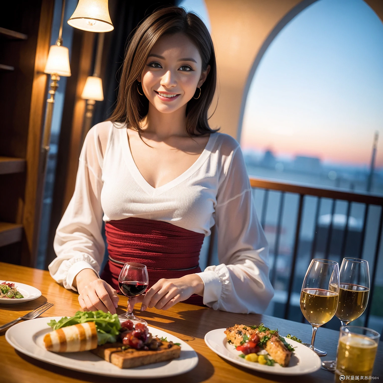 ((Highest quality、8K、masterpiece:1.3))、slimカップル、Pink rubber、modelカップル、(Realistic, Intricate details:1.2), full-course dinner、Wine Party、Amazing view of the sunset sky and clouds、A bright smile、The wonderfulness of smile、Bright image、The beauty of wine, Beautiful Face, blue eyes, The light shines on your face, Blushing, short hair,Bright Face、 (Age 37), 39 years old, red wine 、Appetizers、Italian food、Wine bottle、Champagne、sparkling wine、Two beauties、Brown Hair、Shortcuts、Long sleeve shirt、dress、Beautiful woman 1, (slimな顔), (The body is slim), (Brown Hair), (Shortcuts), cheeks turn a little red,Attractive beauty、restaurant, In a prominent place (From the waist up) Nova Frog Style, actress, model, Upper Body, White wine, slim, wine glass, 中央に置かれたwine glass, smile, (smile: 1.15), Beautiful fine grain, Depth f/2,saturation, High Contrast, Strong light and shadow,Moist Body:1.5、3D texture、Delicate eyes、Brown Hair、The hair is very shiny、