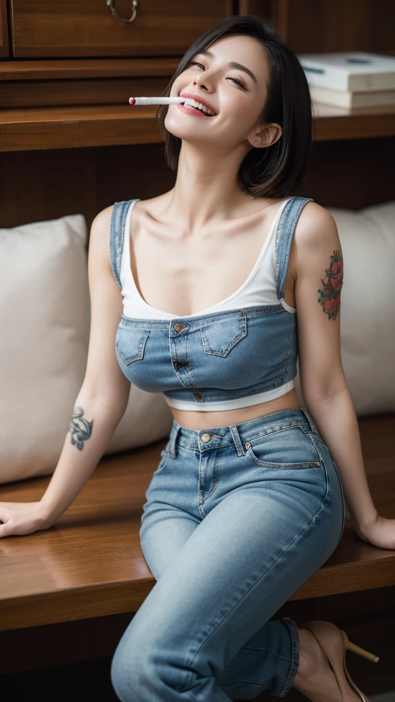 cute girl leaning on a chair, holding a lit cigarette, laughing a little, looking up, wearing a short-sleeved t-shirt, short hair, , wearing jeans, wearing high heels, tattooed chest, realistic, realistic, masterpiece, best quality, 8k, high resolution, lock focus, soft light, Cinematic Light, perfect figure