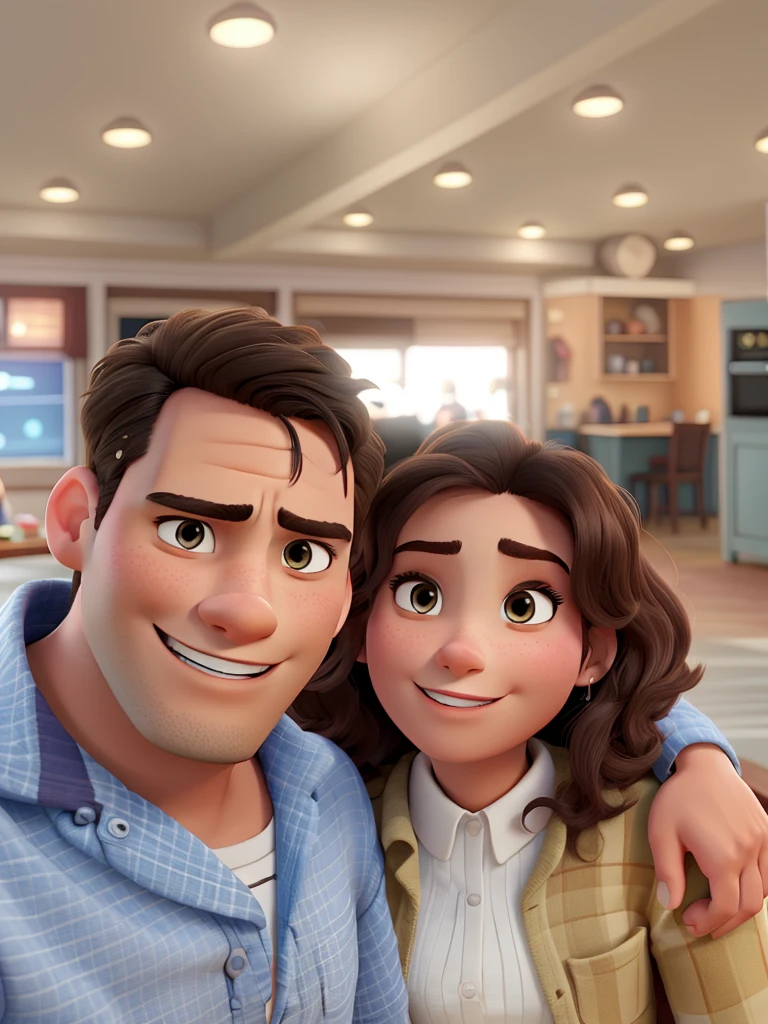 A man, A man and a woman in Disney Pixar style, high quality, Best Quality