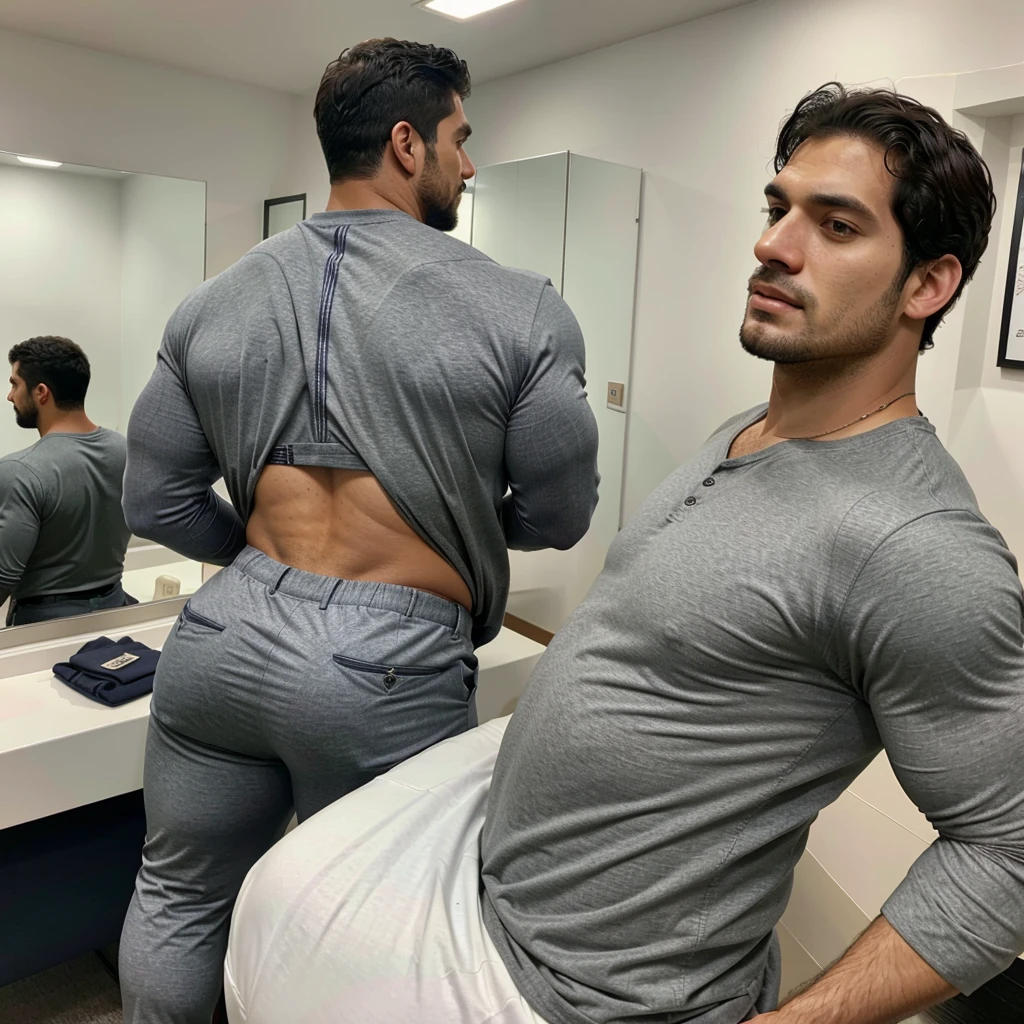 A Hispanic man with a face that looks like Henry Cavill. black man, His body is muscular and he has a toothed beard..  Big Butt, in a moment of reflection. full body. Fajada shirt, semi formal clothing, grey pants, backside. 