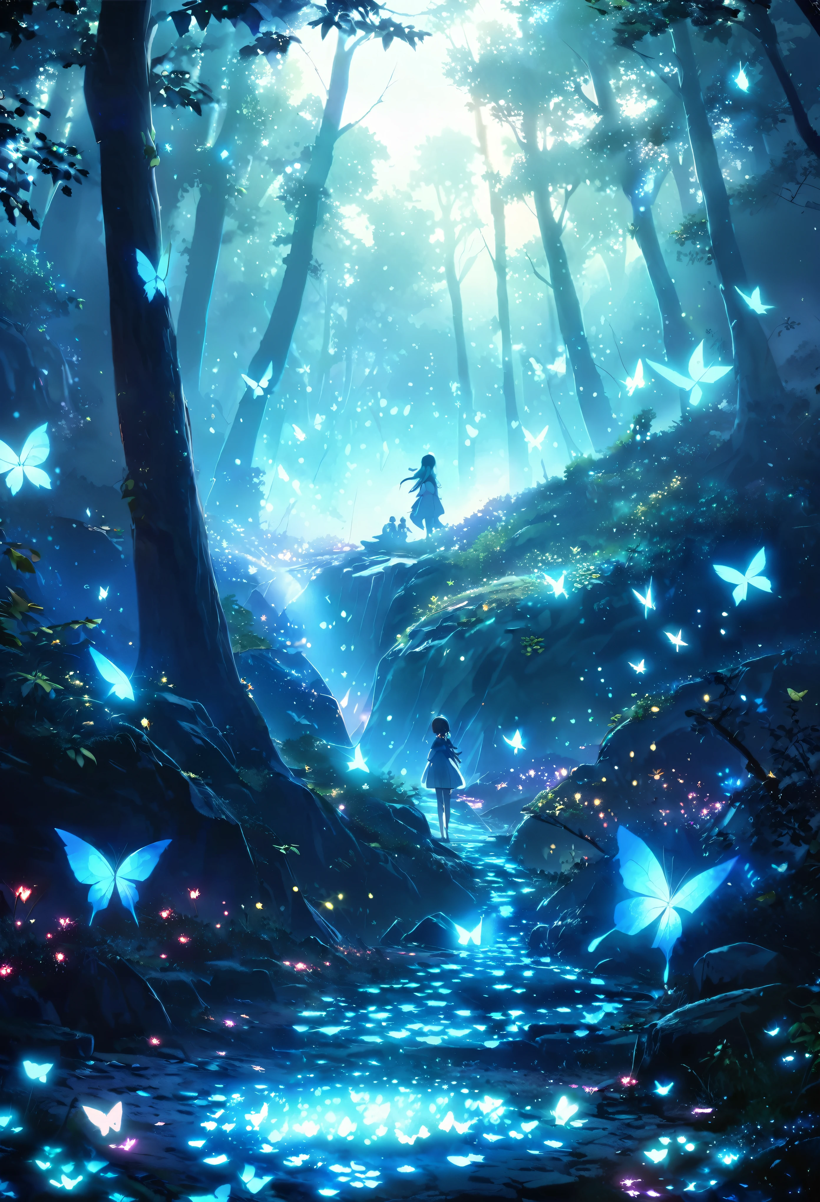 There is a path in the middle of the forest,leaves will shine, glowing crystals on the ground, glowing butterflies, cave glowing stones, Glowing Elves, Glowing spores fly, Glowing blue butterfly, glowing eyes everywhere, Crystals illuminate the scene, glowing firebugs, distant glowing figures, There are little fireflies everywhere, Magical glowing eyes, glowing sphere, beautiful anime scenes