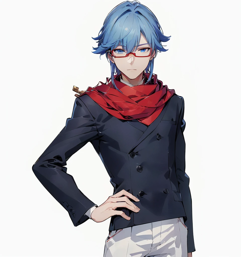 Close-up of a person wearing dark clothes and white pants, a man wearing a red scarf,A man wearing red glasses,a man with rather sharp hair,A man with gentle eyes,Anime handsome man, Tall anime man with blue eyes, Inspired by Ryusei Kishida, Kazuma Kaneko, , Shikano Makoto, Xin Jiacheng, ( ( ( Ji Chengyao ) ) ), Cool anime poses, Akihiko Yoshida!