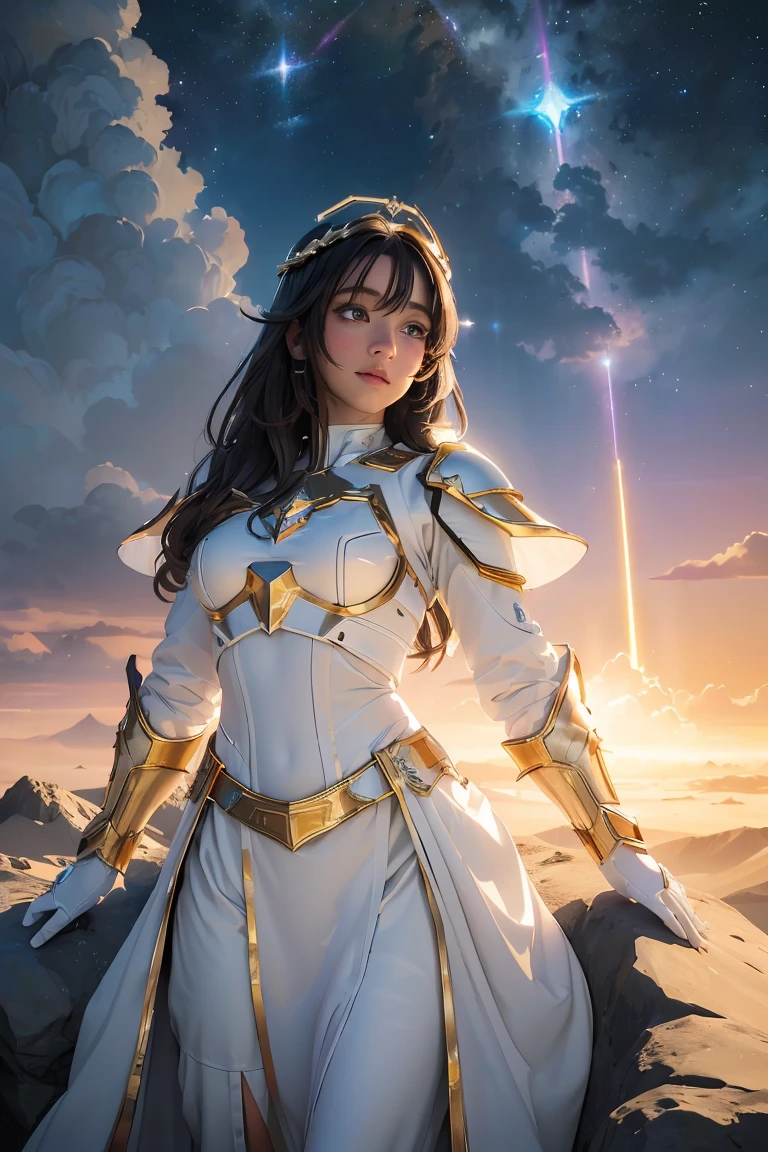 ((masterpiece, best quality, extremely detailed), volumetric lighting, ambient occlusion, colorful, glowing), 1girl, solo, young girl, (dark hair), long hair, halo, aura, sacred, goddess, cleric suit, (white outfit with gold detailst:1.3), armor, outdoors, sunset, sky, clouds, space, (fantasy theme:1.2), full armor