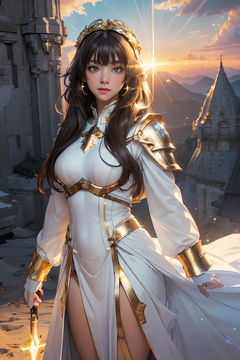 ((masterpiece, best quality, extremely detailed), volumetric lighting, ambient occlusion, colorful, glowing), 1girl, solo, young girl, (dark hair), long hair, halo, aura, sacred, goddess, cleric suit, (white outfit with gold detailst:1.3), armor, outdoors, sunset, sky, clouds, space, (fantasy theme:1.2), full armor