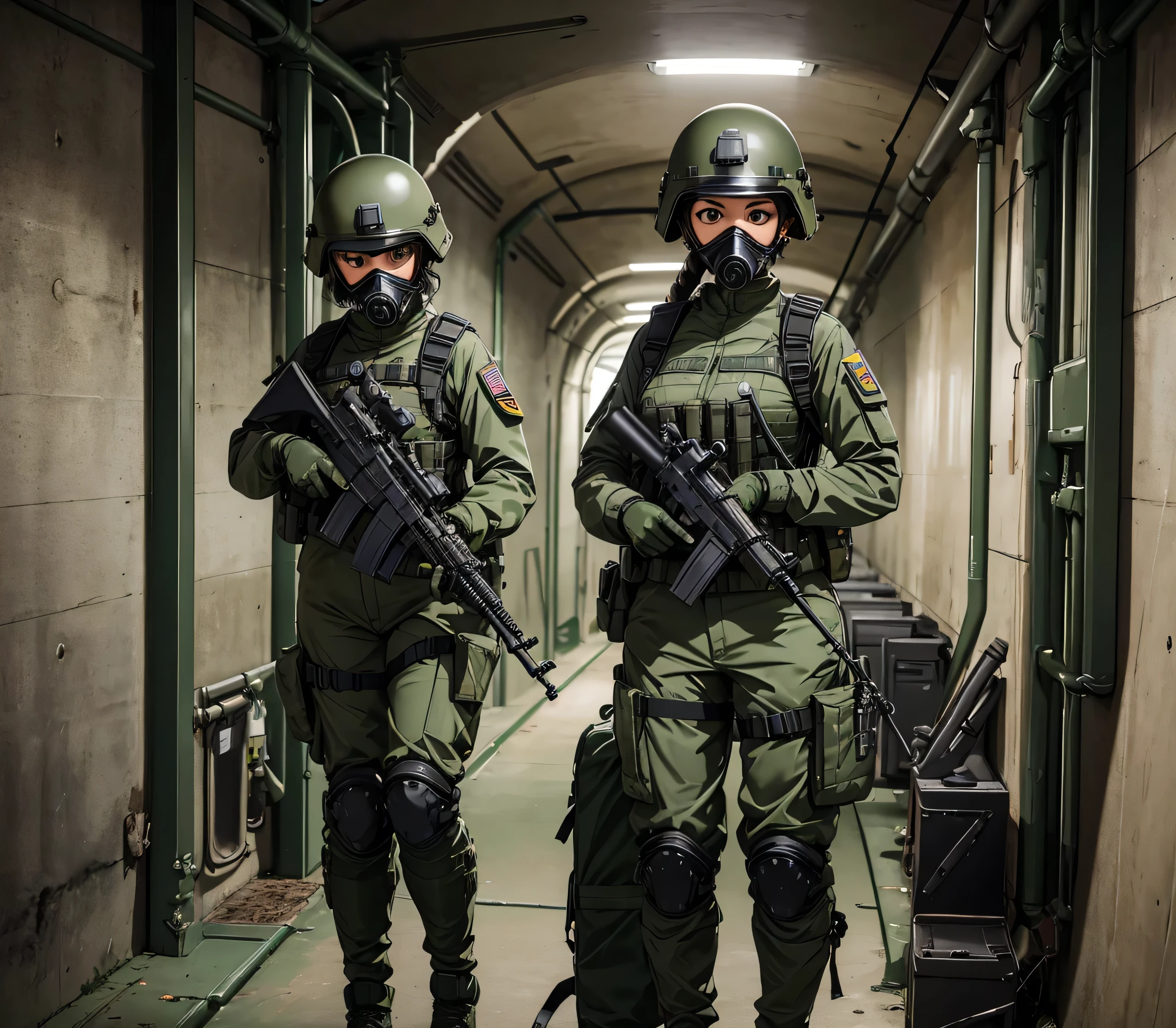 Three female special forces soldiers wearing gas masks、Put on a helmet、Wearing dark green M-51 military uniform、Show only the upper thigh area、Standing guard in the tunnel、Write details、masterpiece、best quality、Highly detailed CG、8K picture quality