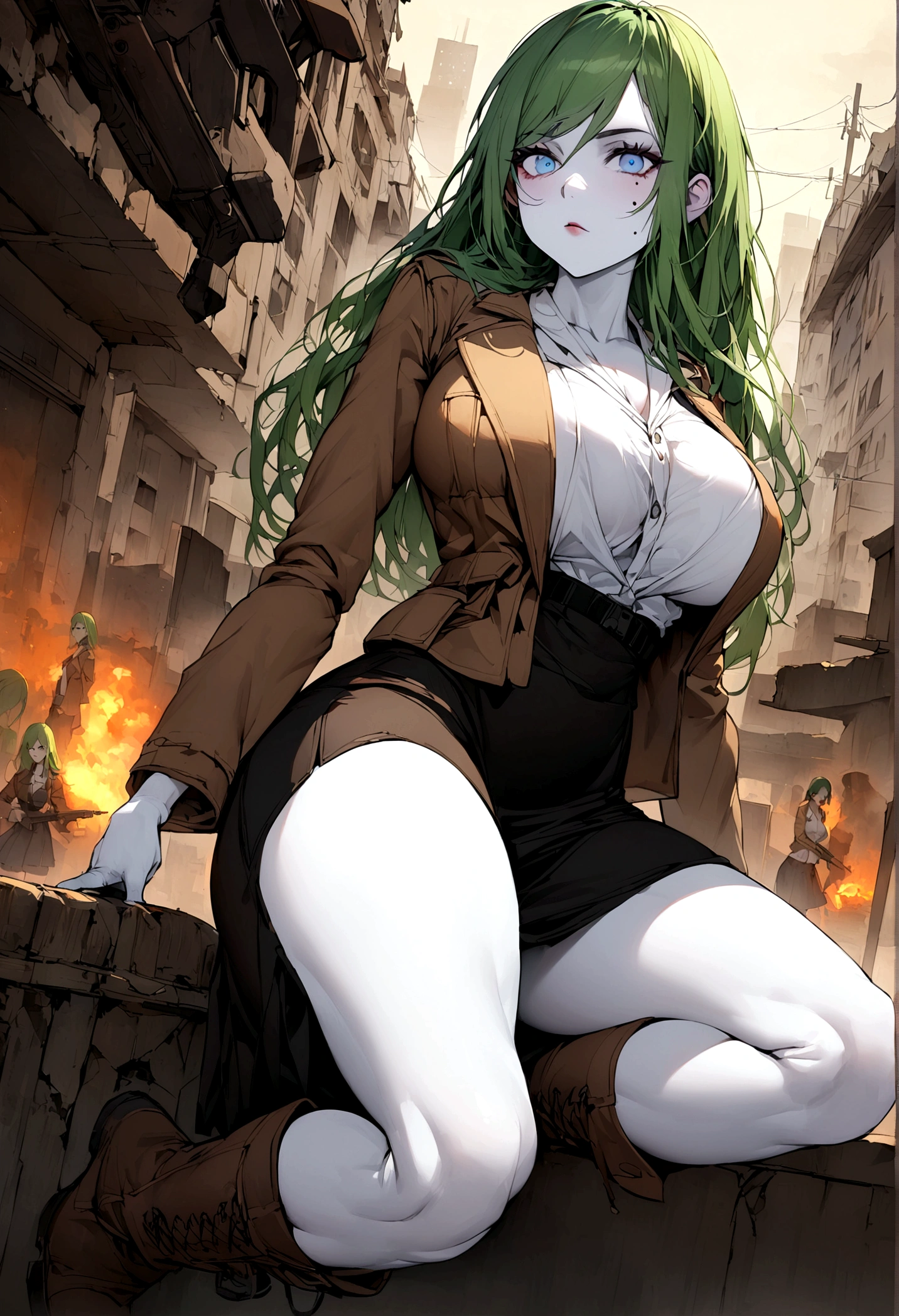 Girl with long green hair down to her knees, light blue eyes, White skin, small mole on your right cheekbone, big breasts, thin waist, big hips, white blouse, brown jacket, black skirt , military style boots, survivor in a zombie apocalypse.