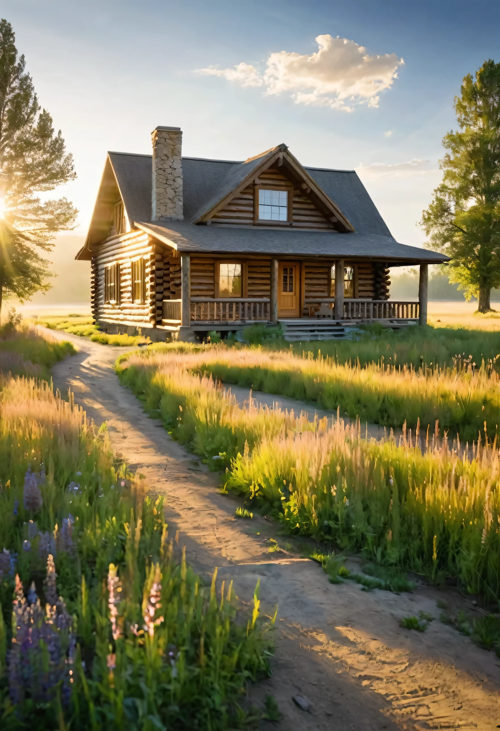 A charming log cabin, nestled amidst a sprawling meadow, exudes a sense of peaceful solitude. The sun casts long shadows across the dusty road, leading the eye towards the warmth and comfort of the cabin's welcoming porch.