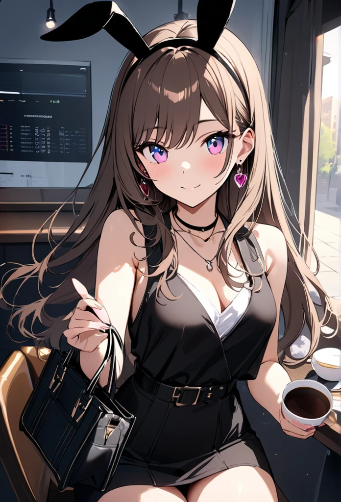 ((Top Quality)), ((Masterpiece)), ((Details)), perfect face, perfect body, fallen leaves background, sitting in a cafe, listening to music, sitting with legs apart, wearing tight clothes, wear a tight skirt, dating, Woman with face visible, glamorous, peach clothe

