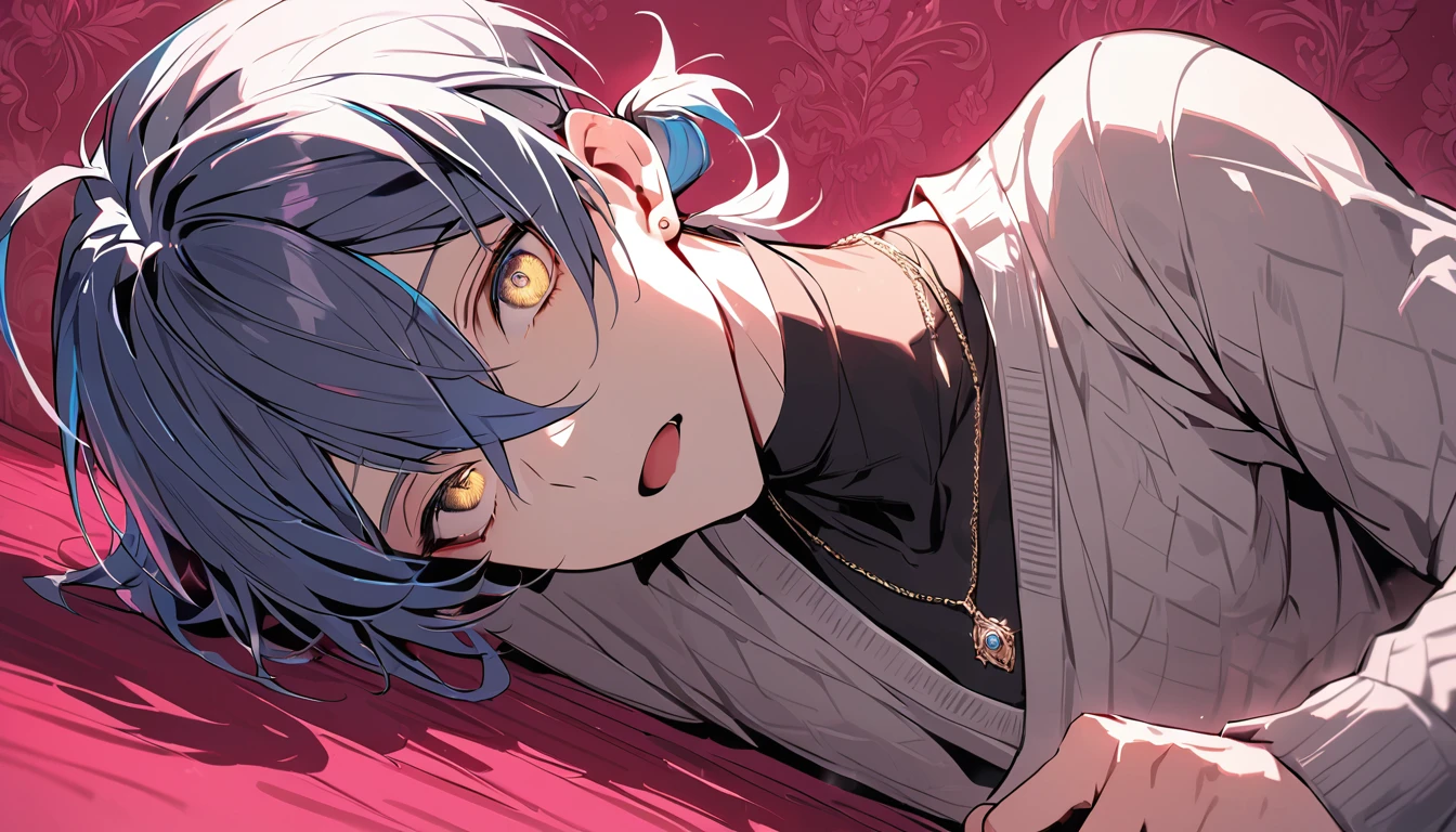 ((((best masterpiece, best quality, wallpaper,)))) solo, guy, male body, small muscles, flat chest, 1male, 30 years old, handsome man, dramatic angle, upper body, looking at viewers, beautiful detailed, Expressionless, lying down, mediumturquoise hair, ((((Lower short ponytail)))), asymmetrical bangs, ((short hair,)) ((( gold eyes, ^o^, tareme, droopy eyes,))) (((perfect face, extremely detailed eyes,))) perfect hands, sharp nose, clear face, black turtleneck, grey cardigan, ((silver piercing, pendant,)) leggings, pink background color ultrasharp, 8K, masterpiece,