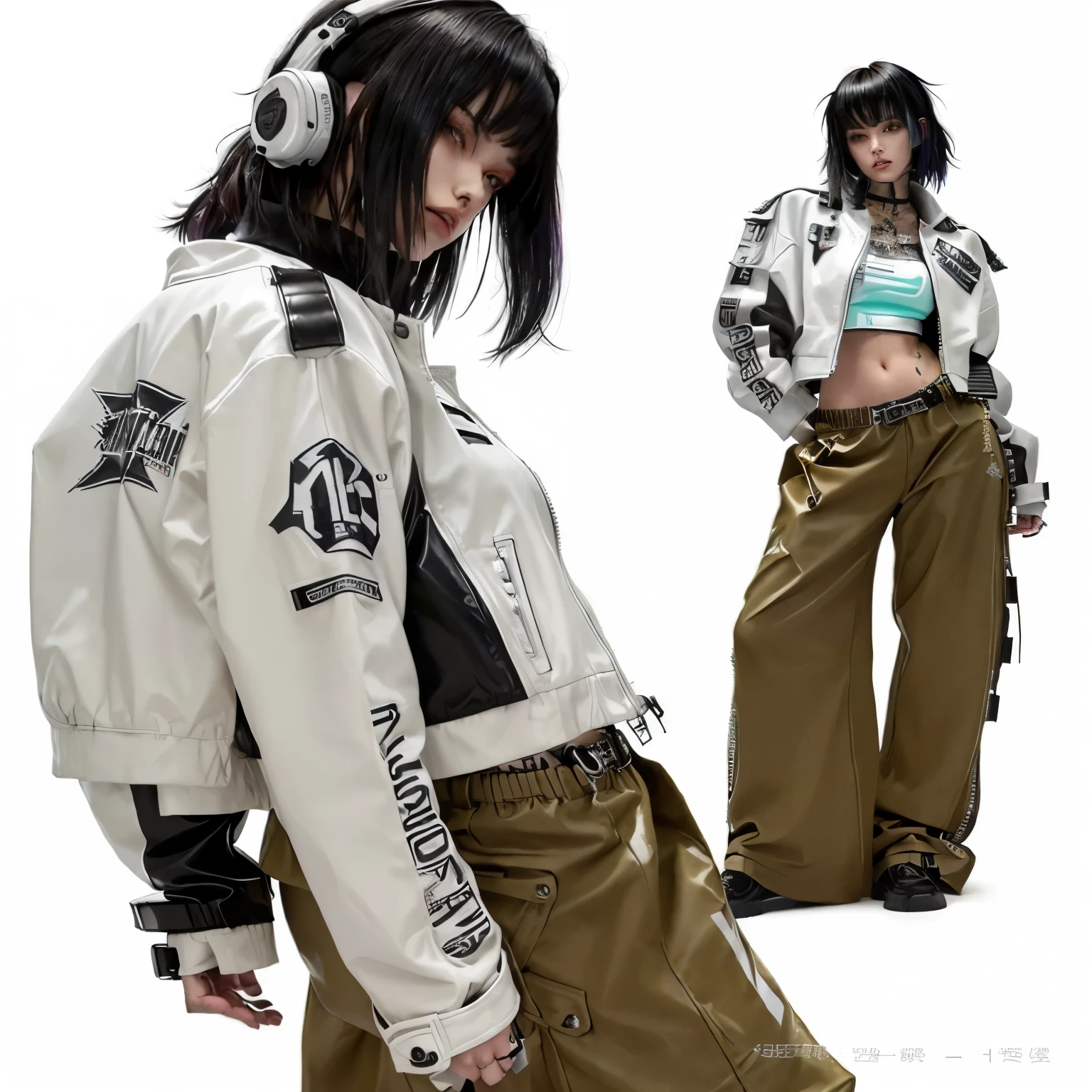 a close up of a woman wearing a jacket and pants, wearing cyberpunk streetwear, cropped shirt with jacket, cyberpunk streetwear, mechanic punk outfit, stylish coat for a rave, very aesthetic leather jacket, cyberpunk fashion clothing, 2 0 2 0 fashion, cyber future jacket, punk rock clothes, fashionable rpg clothing, wearing japanese techwear, street clothing, cyberpunk fashion clothes