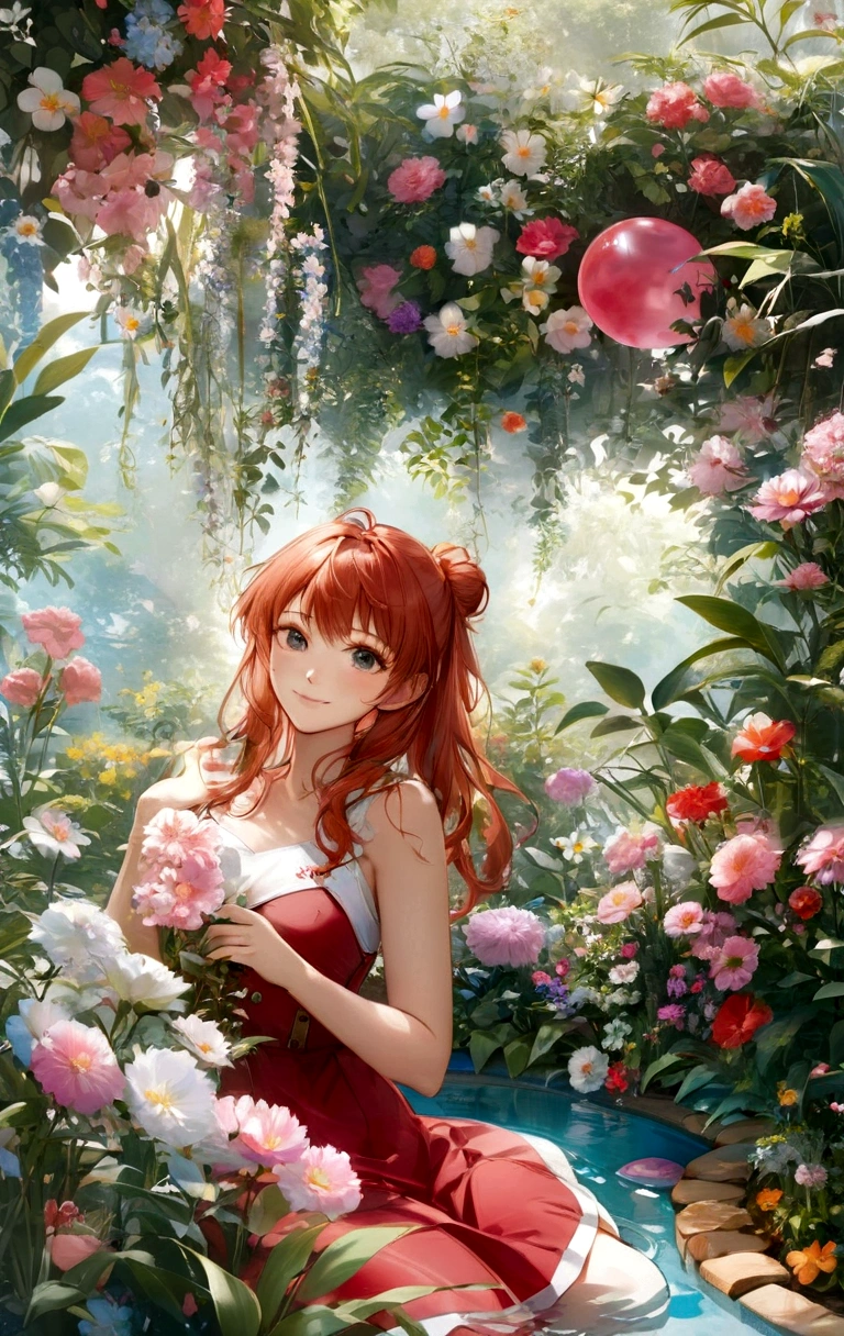 anime smiling girl sitting in a garden with flowers and a blue pool, 🌺 cgsociety, beautiful anime portrait, official artwork, portrait of asuka langley soryu, beautiful anime art style, beautiful anime art, kawaii realistic portrait, beautiful anime girl, beautiful anime style, , beautiful anime artwork, beautiful anime, guweiz on pixiv artstation, rin