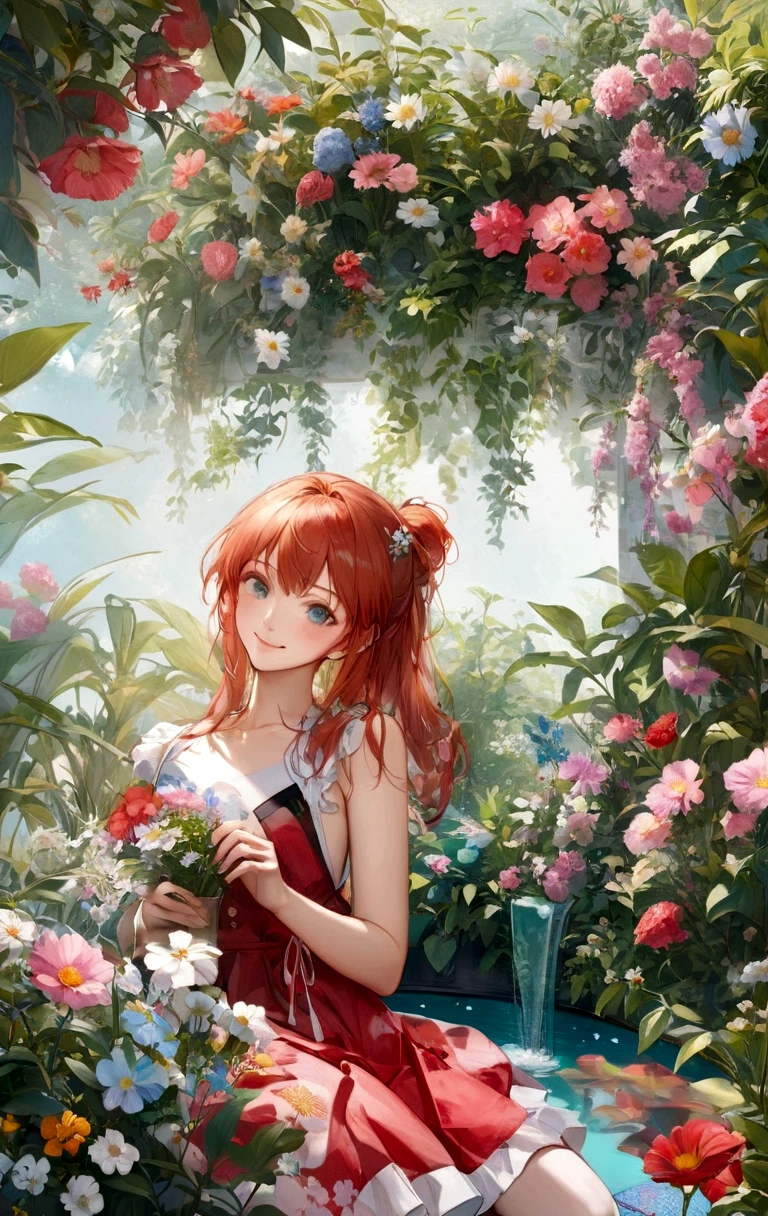 anime smiling girl sitting in a garden with flowers and a blue pool, 🌺 cgsociety, beautiful anime portrait, official artwork, portrait of asuka langley soryu, beautiful anime art style, beautiful anime art, kawaii realistic portrait, beautiful anime girl, beautiful anime style, , beautiful anime artwork, beautiful anime, guweiz on pixiv artstation, rin