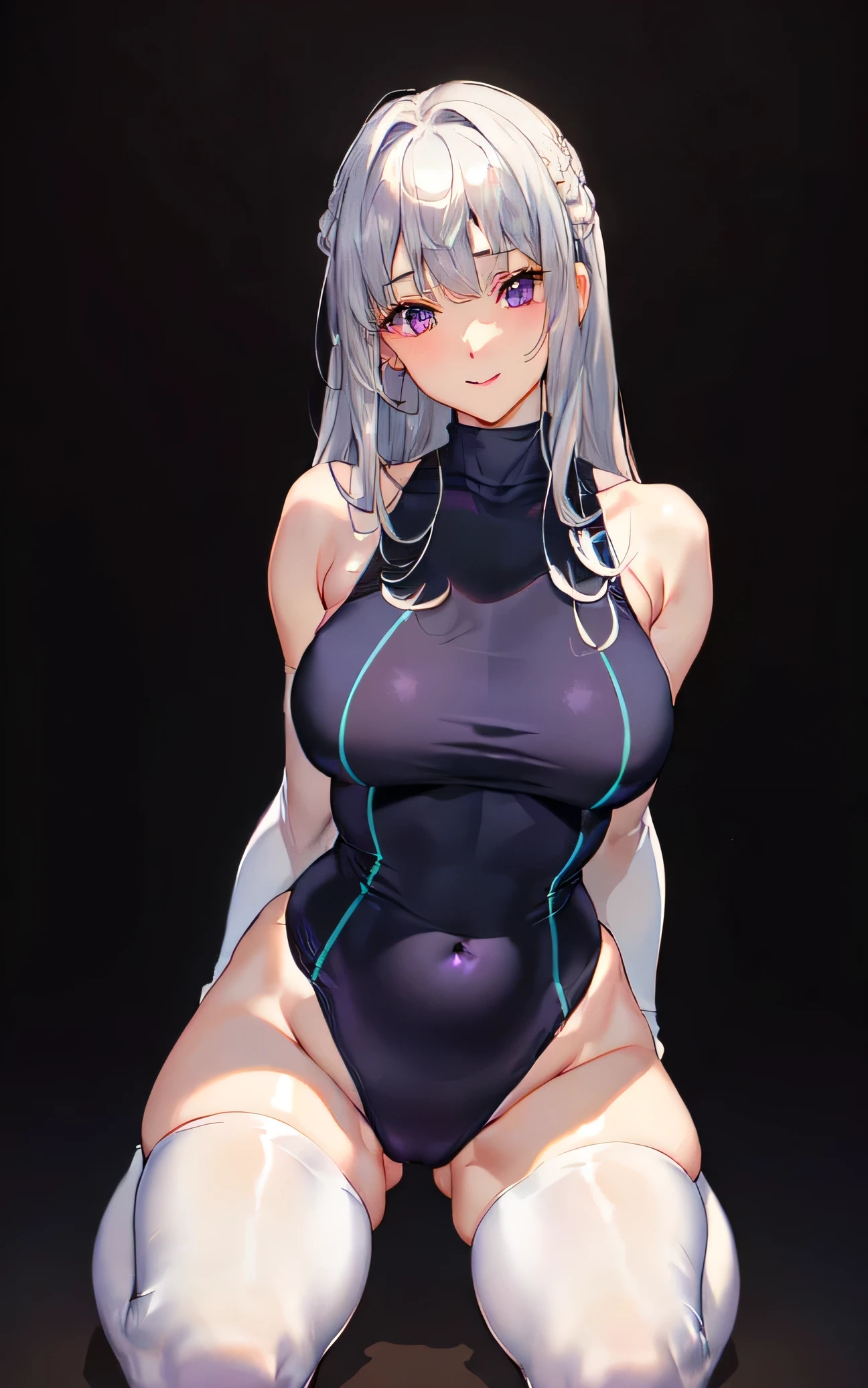 1 girl,masterpiece、Beautiful Lights、Detailed beautiful face、Detailed beautiful eyes、high resolution、Super detailed illustrations、Extremely refined、Top quality、Show your whole body、(Silver hair、shortcut:1.5、Purple Eyes)、(Drooping eyes、Beautiful eyes、Kamiaki),Curvy beauty, (Kneel down:1.5)、a smile、(Shiny hair, Shining eyes, Smooth skin), (Shiny skin) 、(Get on all fours、Bend forward、Arms placed、Gloves、elbowGloves、Emphasize chest、Open your legs、(Competition swimsuit、sleeveless 、turtleneck sweater)、Thighs Thighs Thighs Thighs、Observe your audience、under 、Blushed、Plump and strong thighs、(White tights:1.3)、Rosy cheeks、(abdomen)