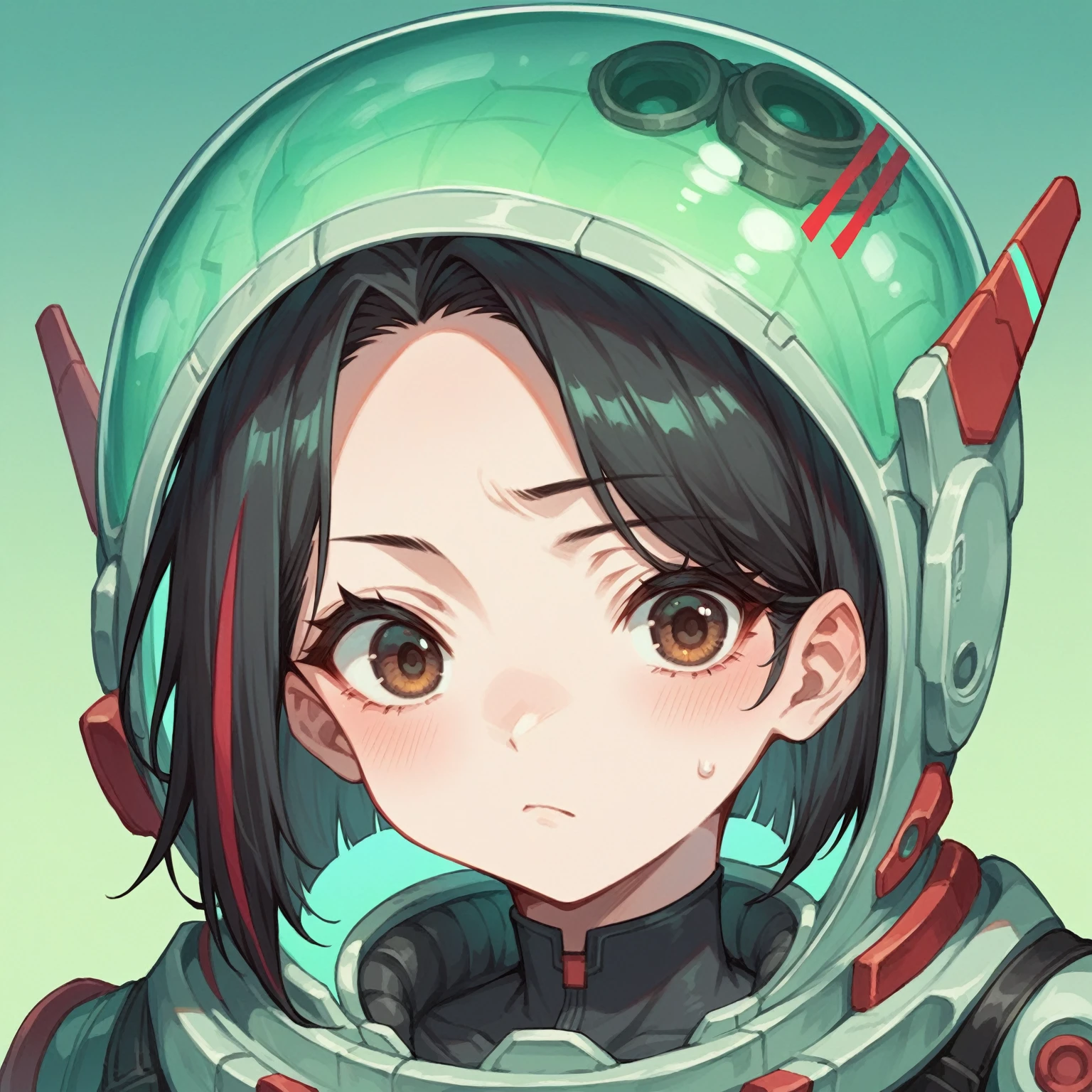 1girl, light skin, black hair with green gradient and a red streak, friendly expression, brown eyes, black and white turquoise futuristic suit, anime style, digital art, icon