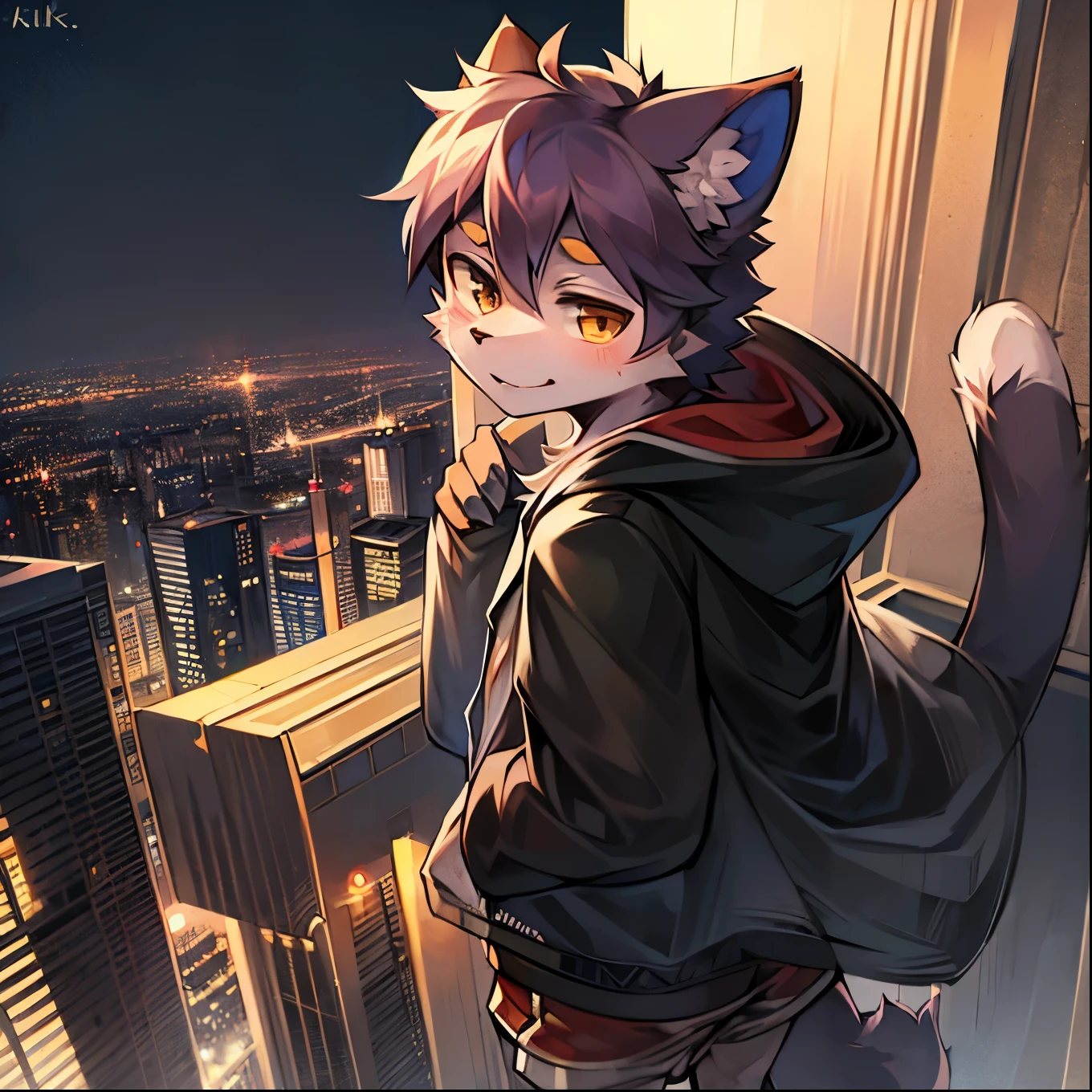 Cute boy，4K，high quality，Real skies，Stunning modern city view，High-rise，roof，Sunlight，A cat with very soft fur，Wearing a see-through baggy jacket and shorts，Character Focus，Intricate details，（Your name style，Japanese anime style）