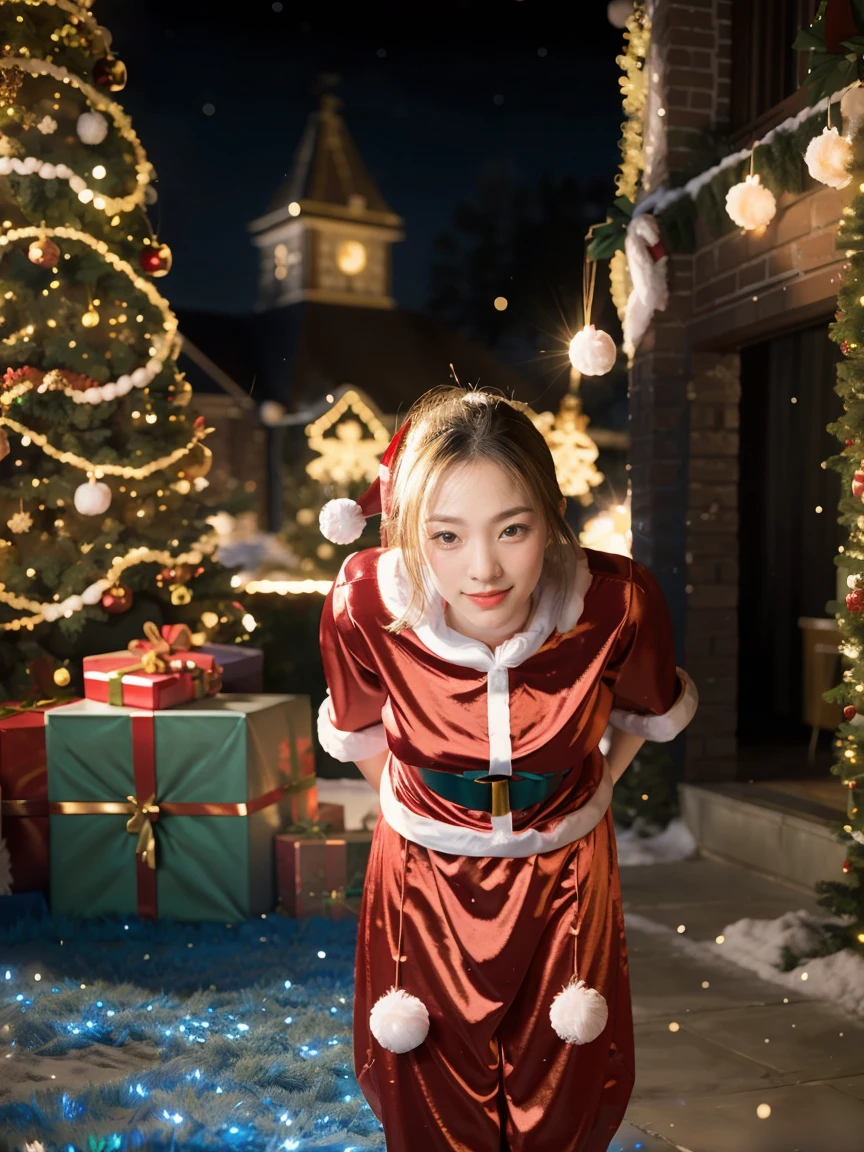 masterpiece, best quality, ultra-detailed, illustration,1girl, looking at viewer, best quality,depth of field,(closed mouth,light smile,blue eyes:1.1),beautiful detailed glow , (santa costume:1.3),(hands behind back:1.3),(arms behind back:1.3),blaze (arknights),   
