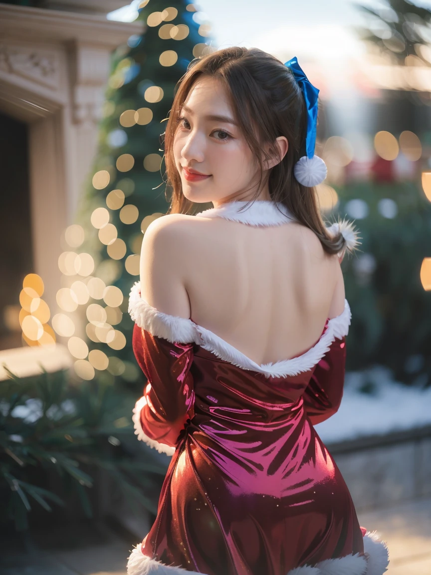 masterpiece, best quality, ultra-detailed, illustration,1girl, looking at viewer, best quality,depth of field,(closed mouth,light smile,blue eyes:1.1),beautiful detailed glow , (santa costume:1.3),(hands behind back:1.3),(arms behind back:1.3),blaze (arknights),