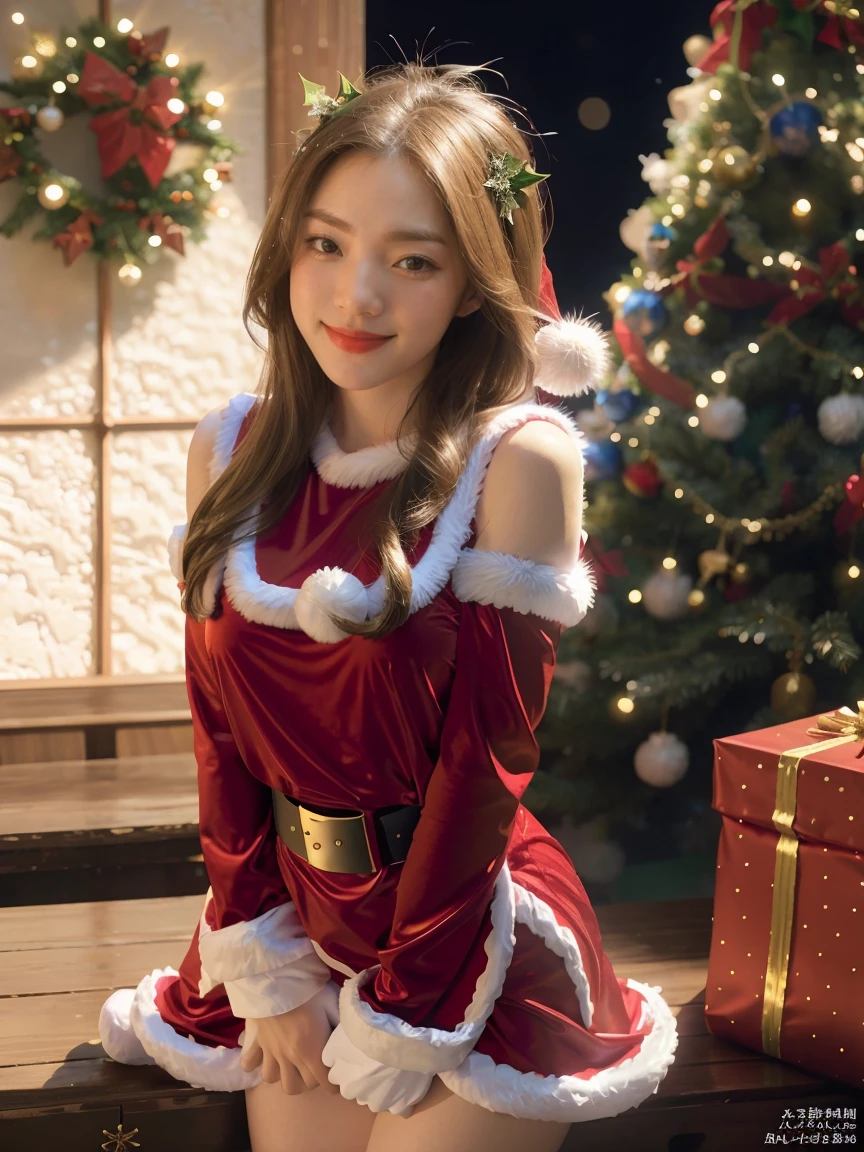 masterpiece, best quality, ultra-detailed, illustration,1girl, looking at viewer, best quality,depth of field,(closed mouth,light smile,blue eyes:1.1),beautiful detailed glow , (santa costume:1.3),(hands behind back:1.3),(arms behind back:1.3),blaze (arknights),   